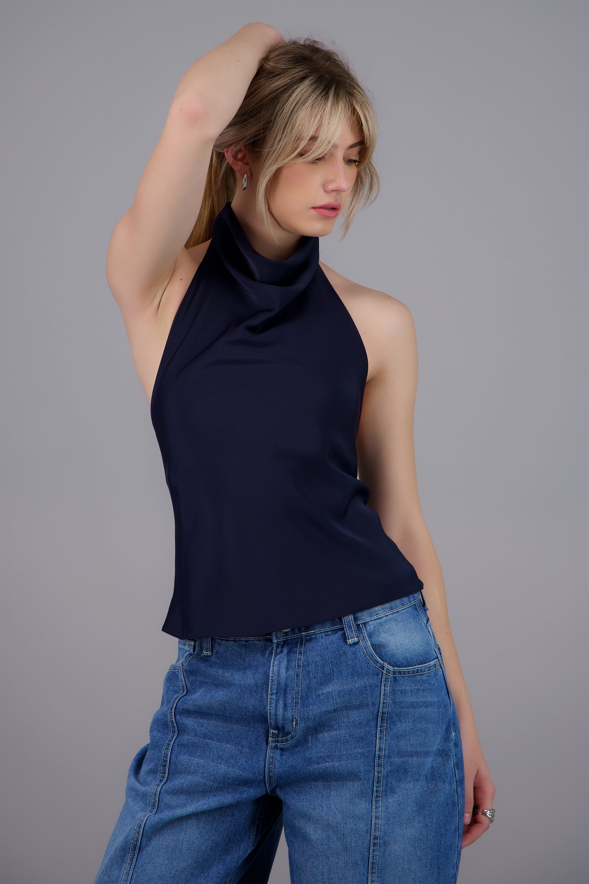 Top halter de cuello cascada satinado MARINO