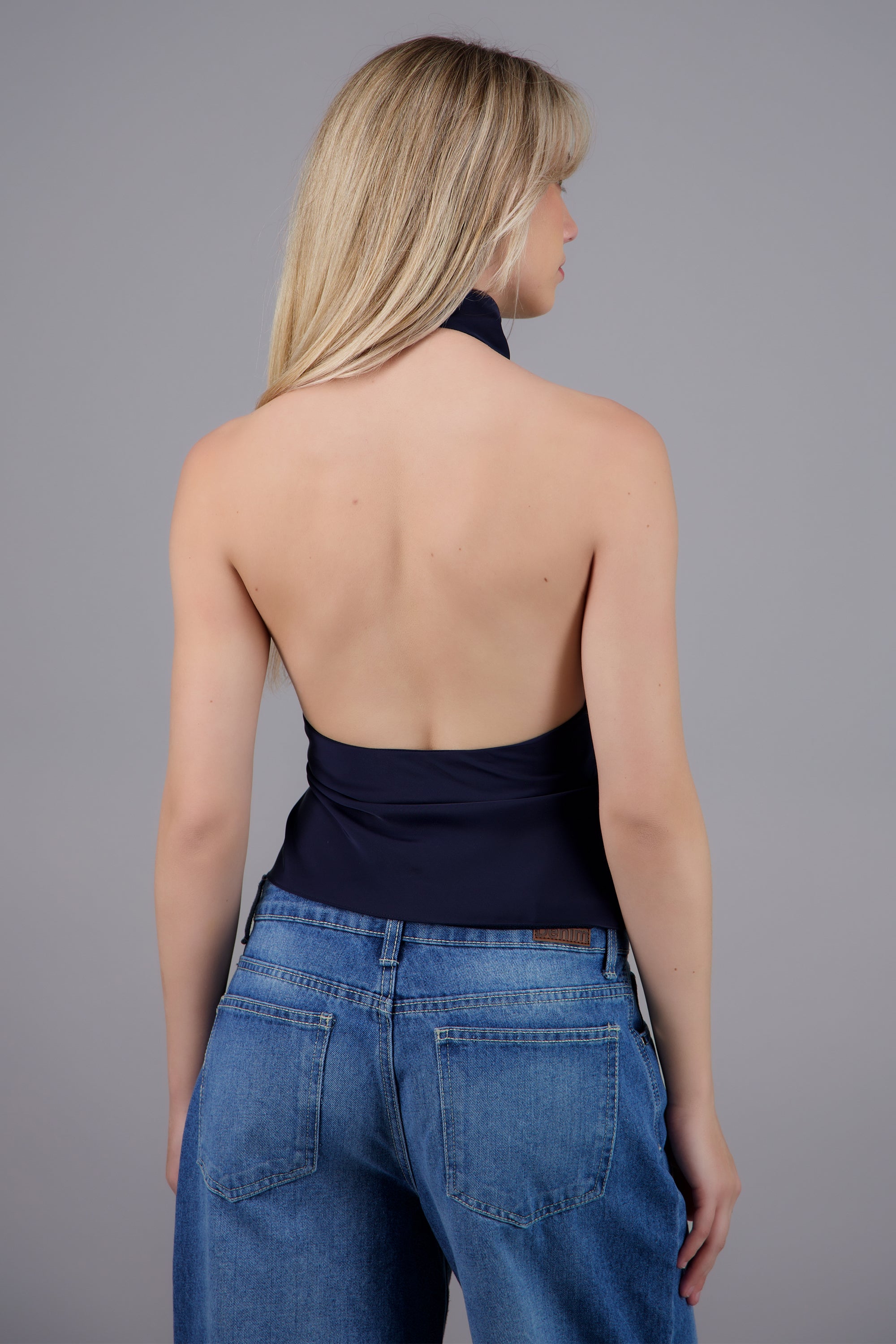 Top halter de cuello cascada satinado MARINO