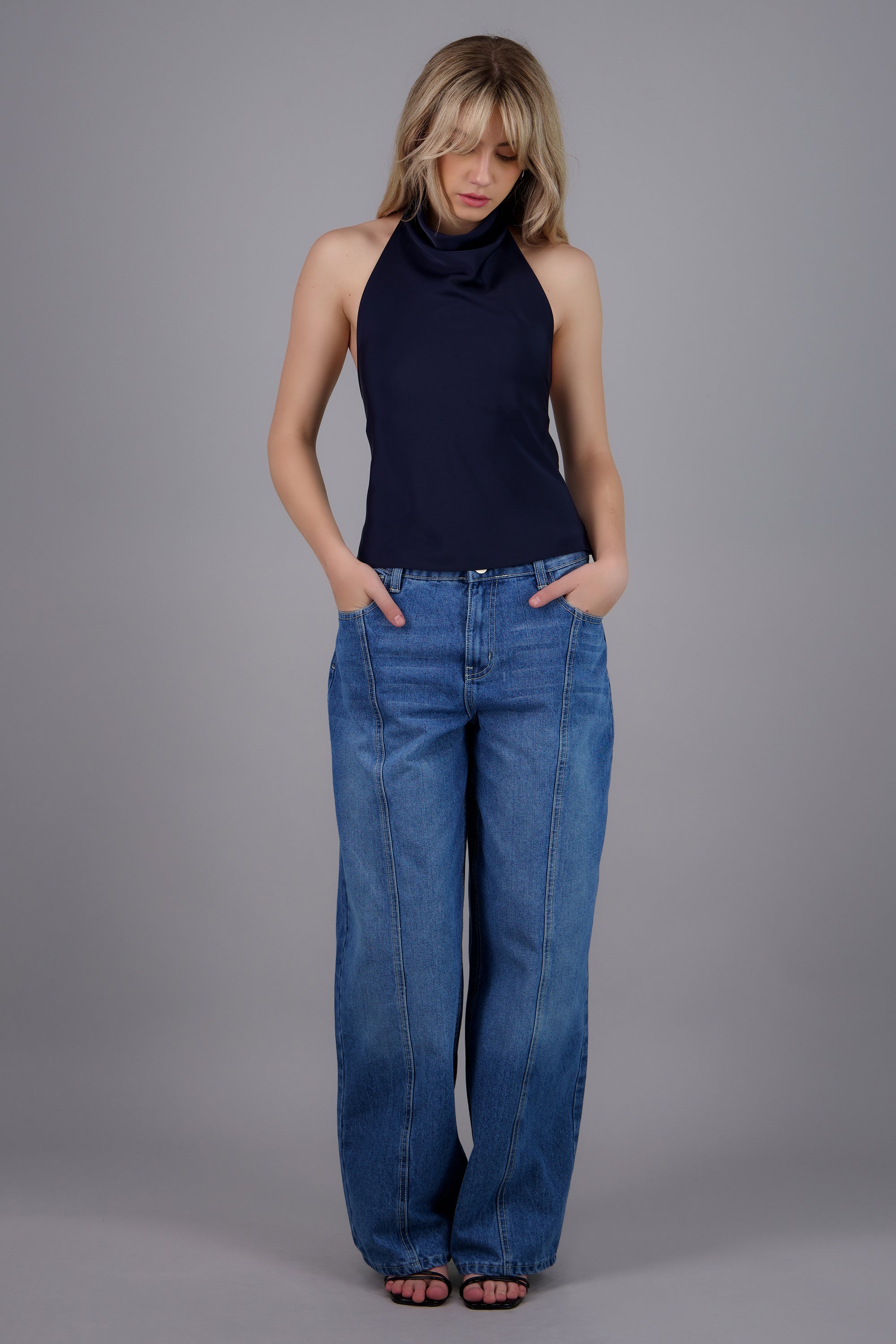 Top halter de cuello cascada satinado MARINO