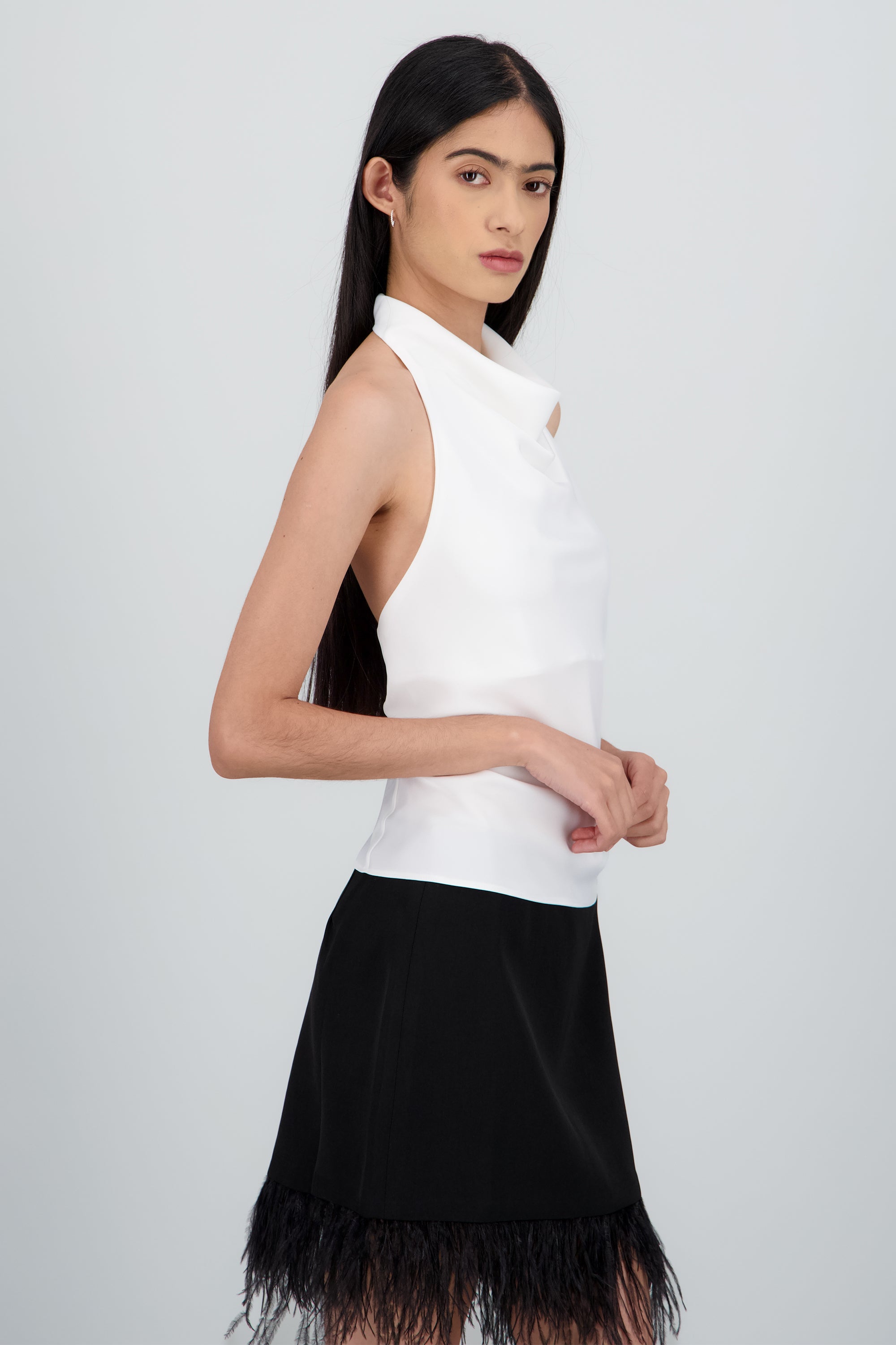 Top halter de cuello cascada satinado BLANCO