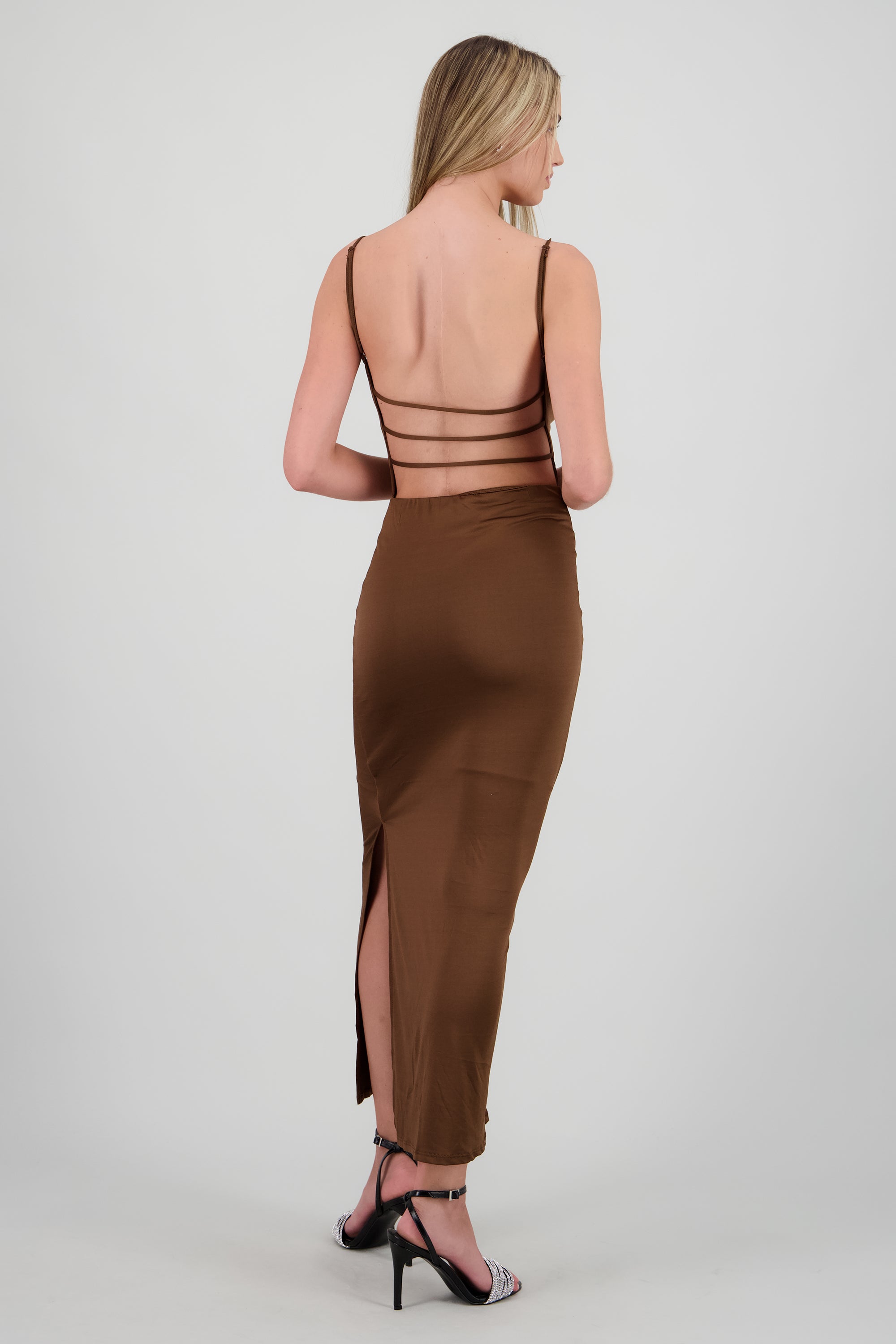 Vestido cuello cascada escote espalda CHOCOLATE