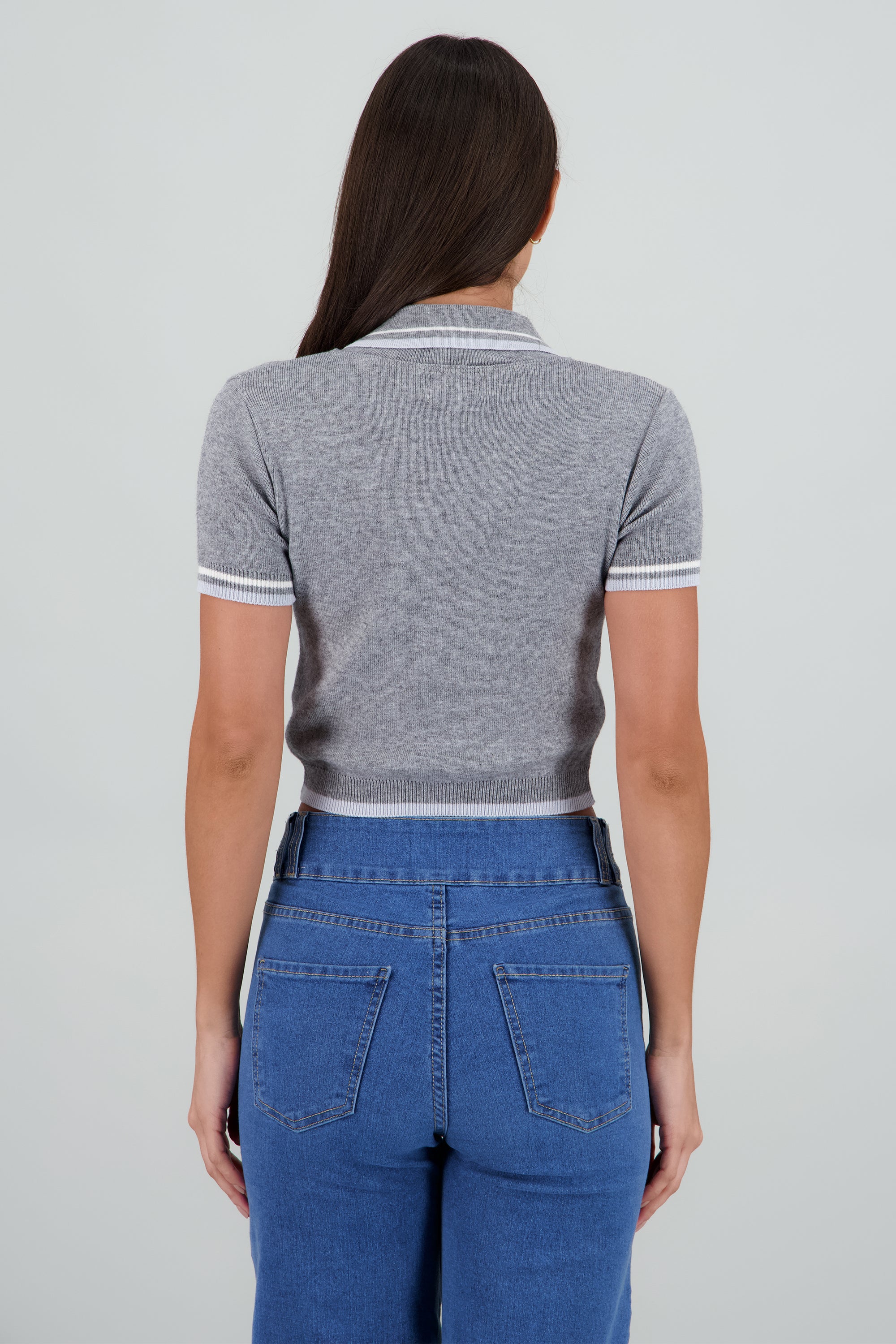 top polo knit detalle lineas GRIS COMBO