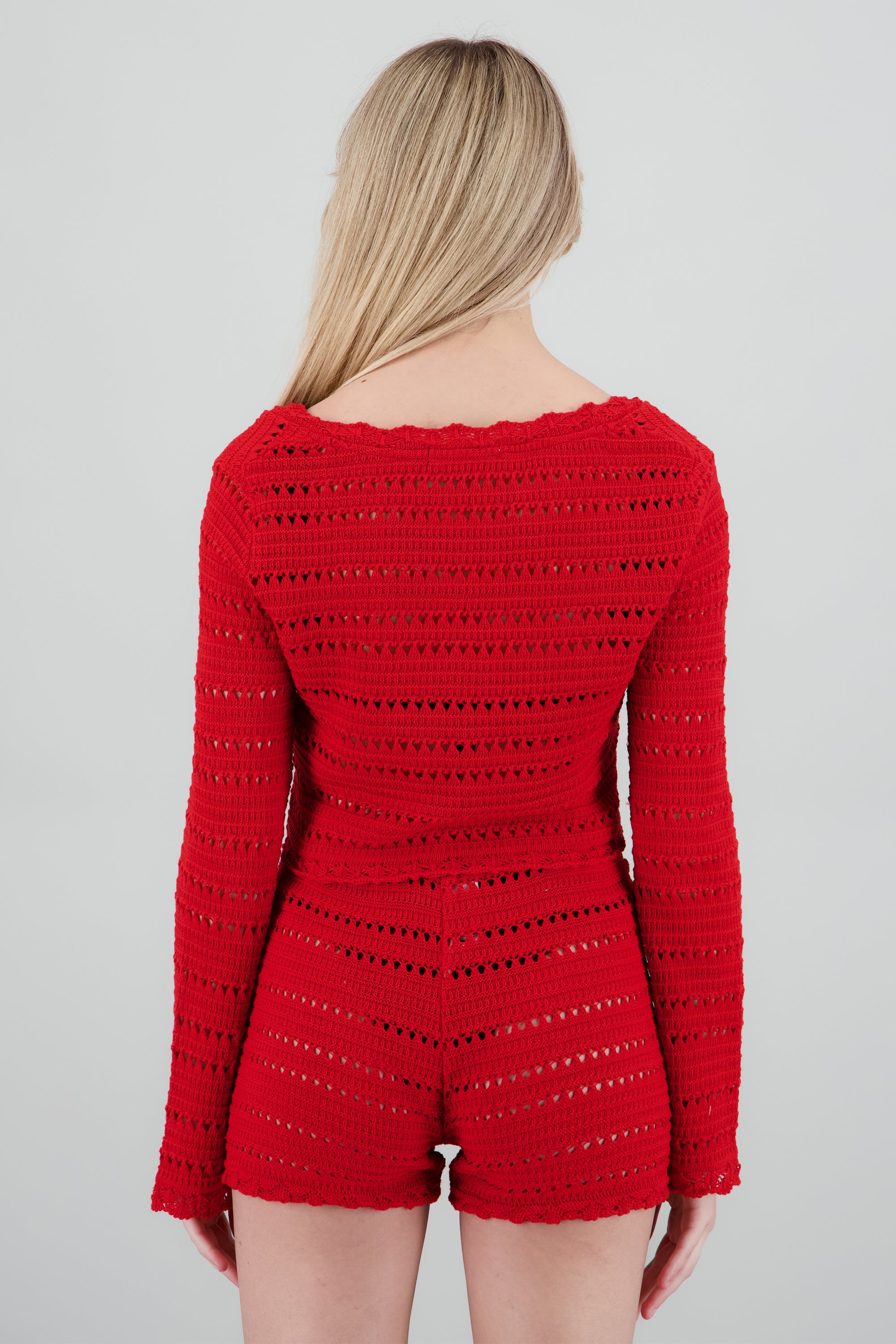 Blusa tejida manga larga moños ROJO