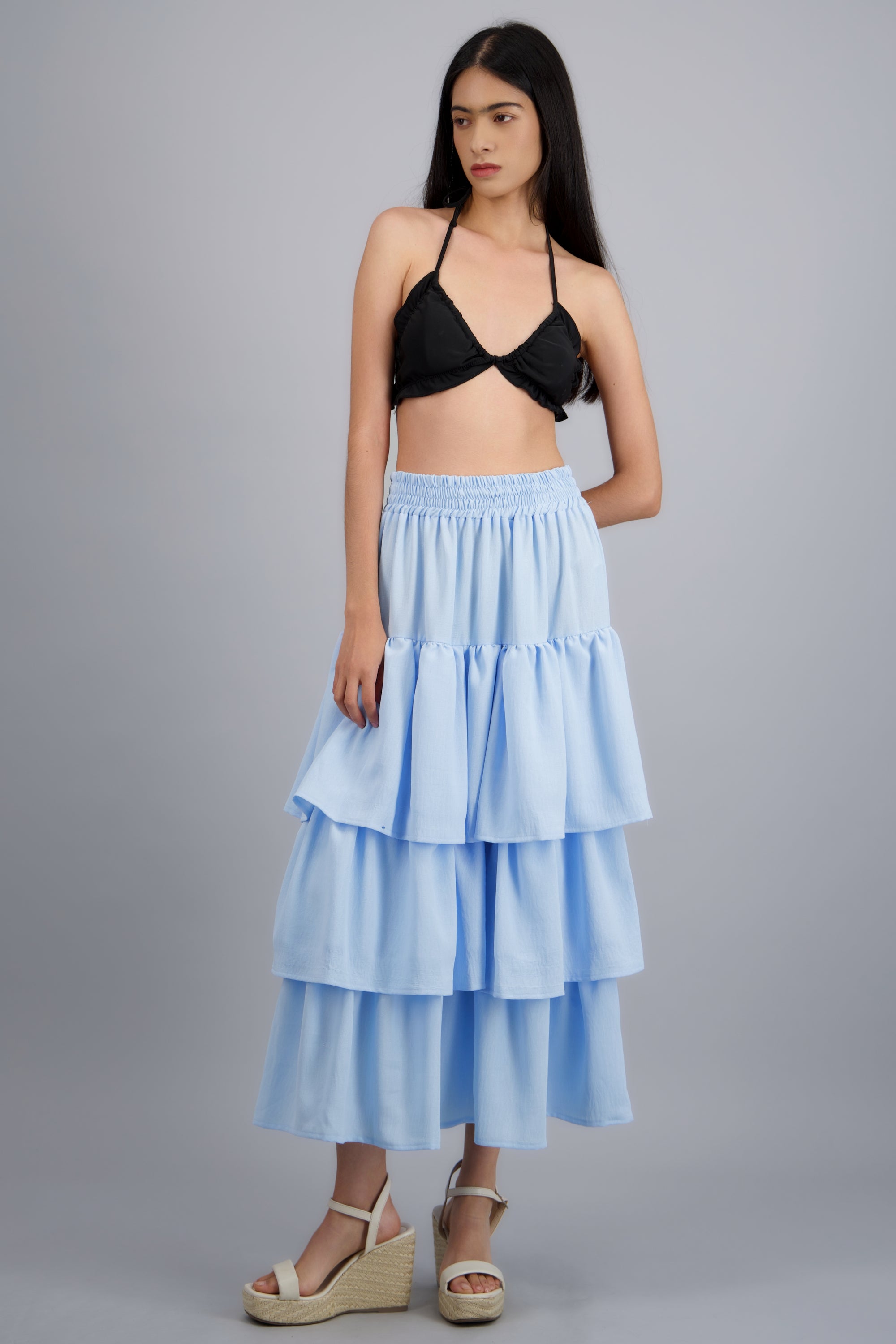 Falda maxi 3 olanes AZUL PASTEL