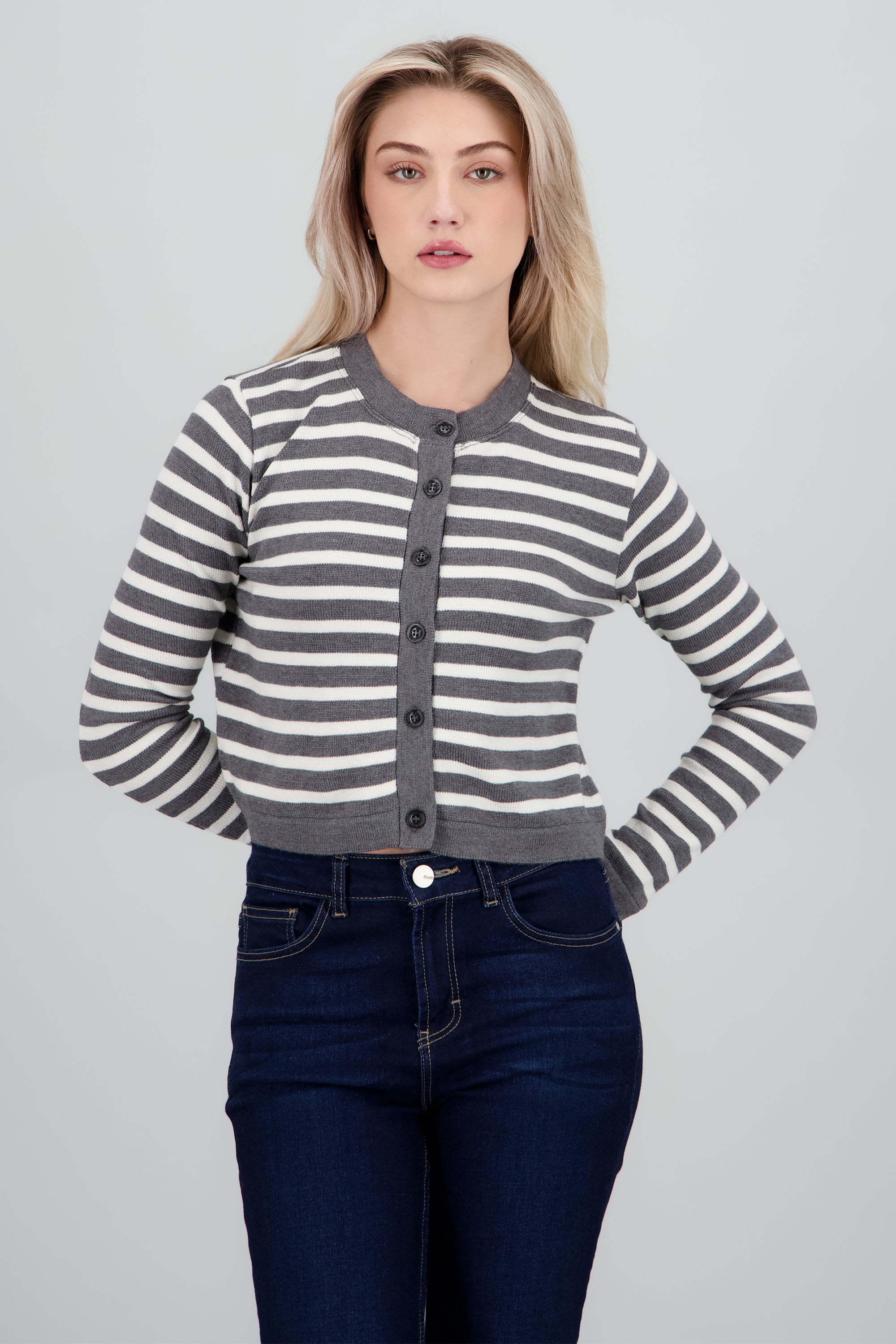 Cardigan cuello redondo rayas GRIS COMBO