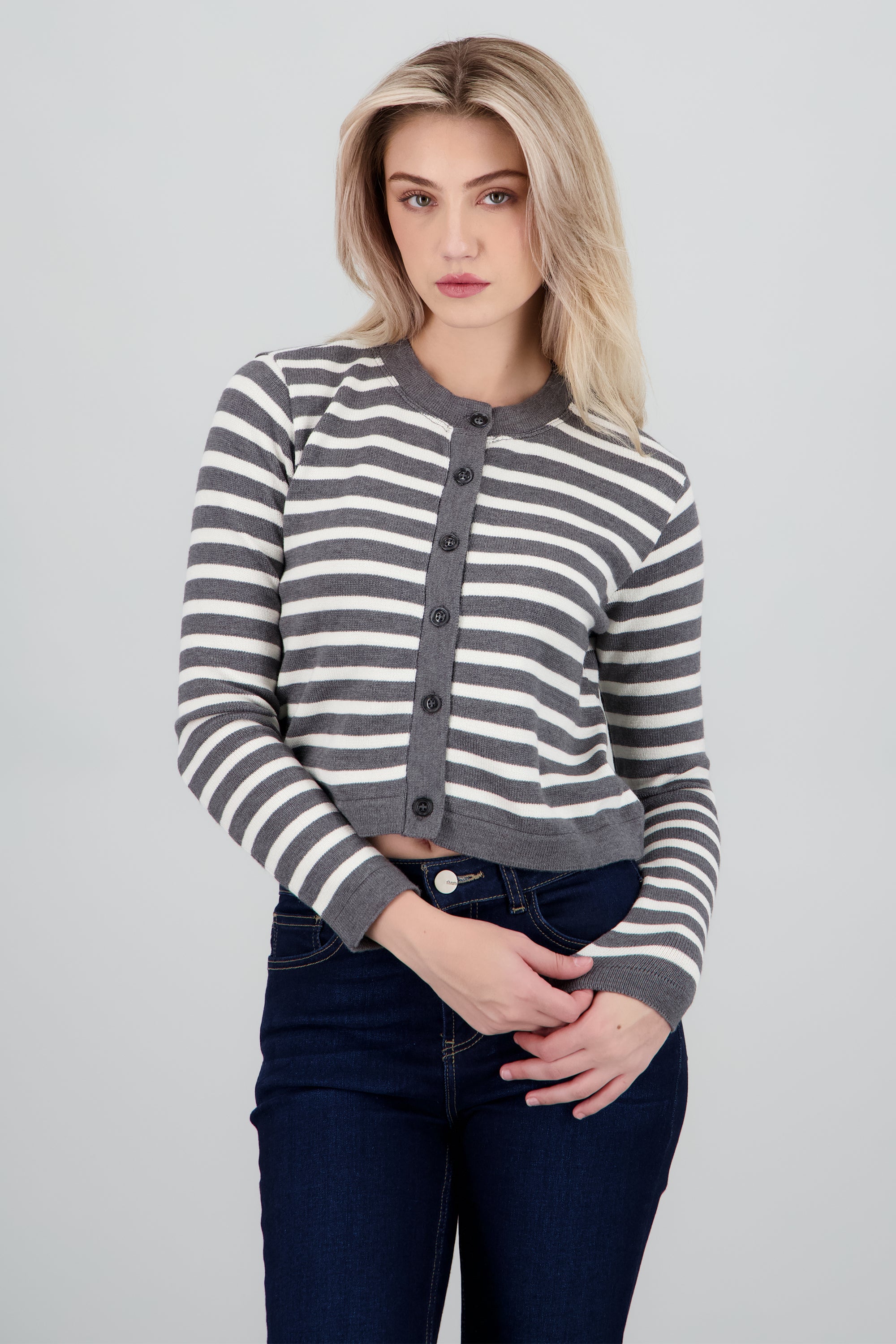 Cardigan cuello redondo rayas GRIS COMBO