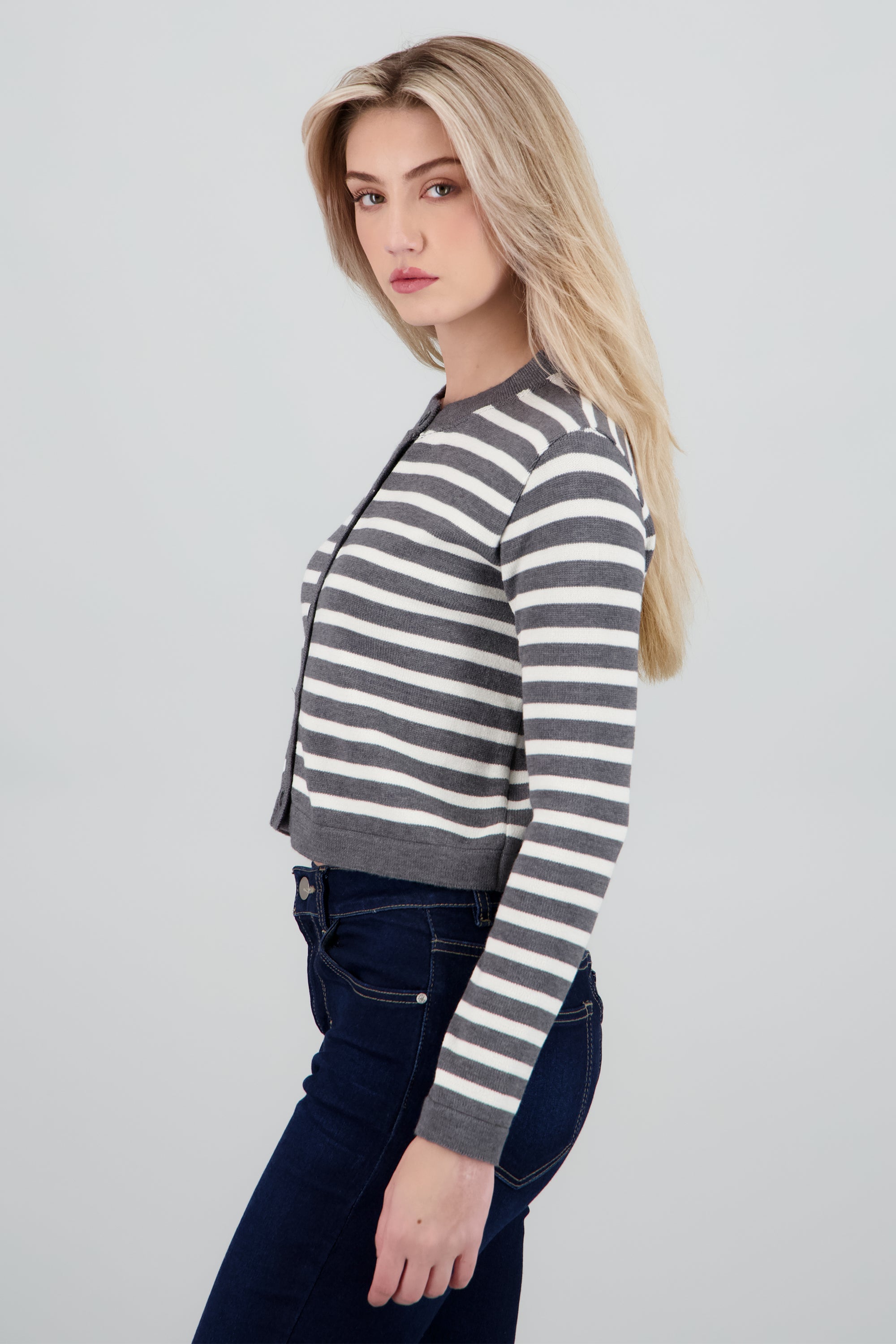 Cardigan cuello redondo rayas GRIS COMBO
