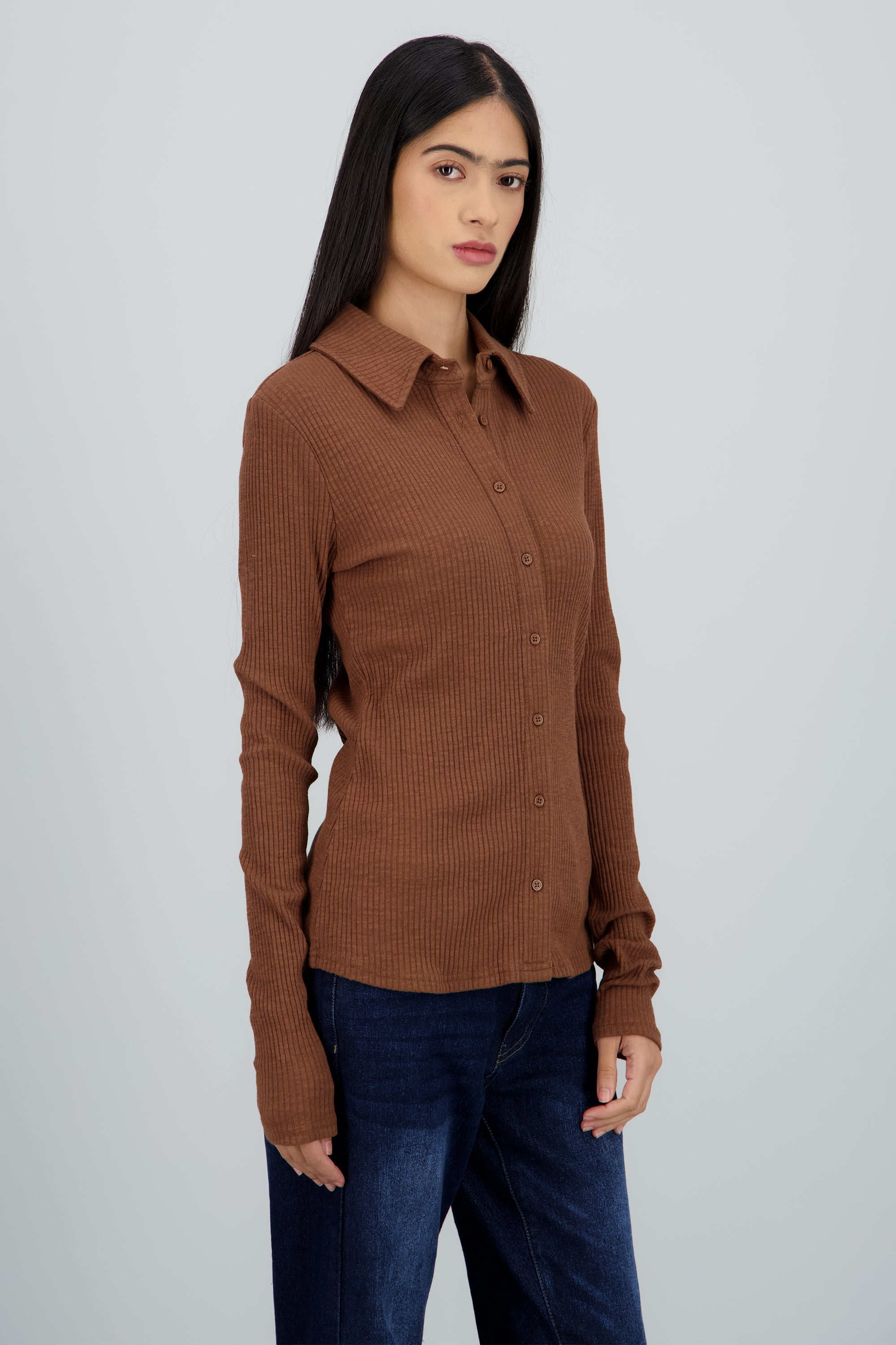 Top manga larga cuello polo de tejido CHOCOLATE