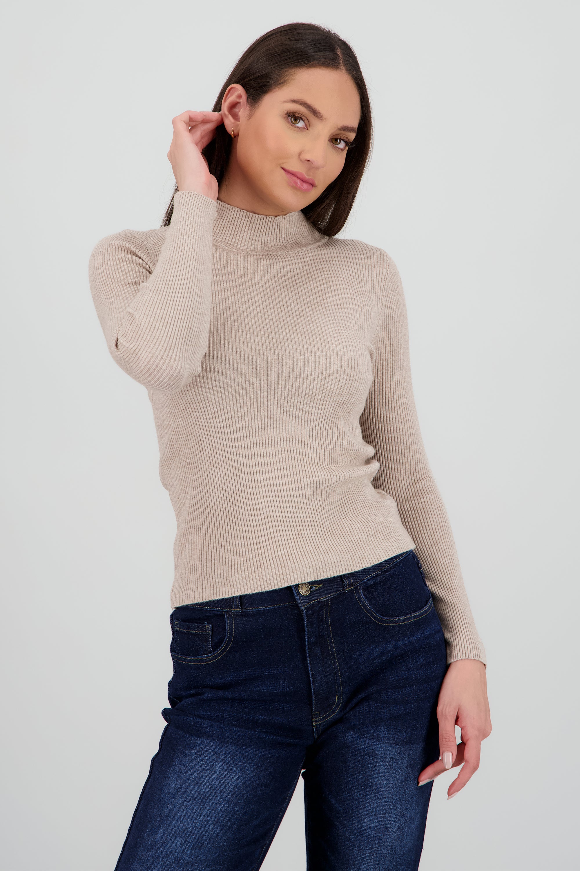 Top rib cuello alto manga larga KHAKI