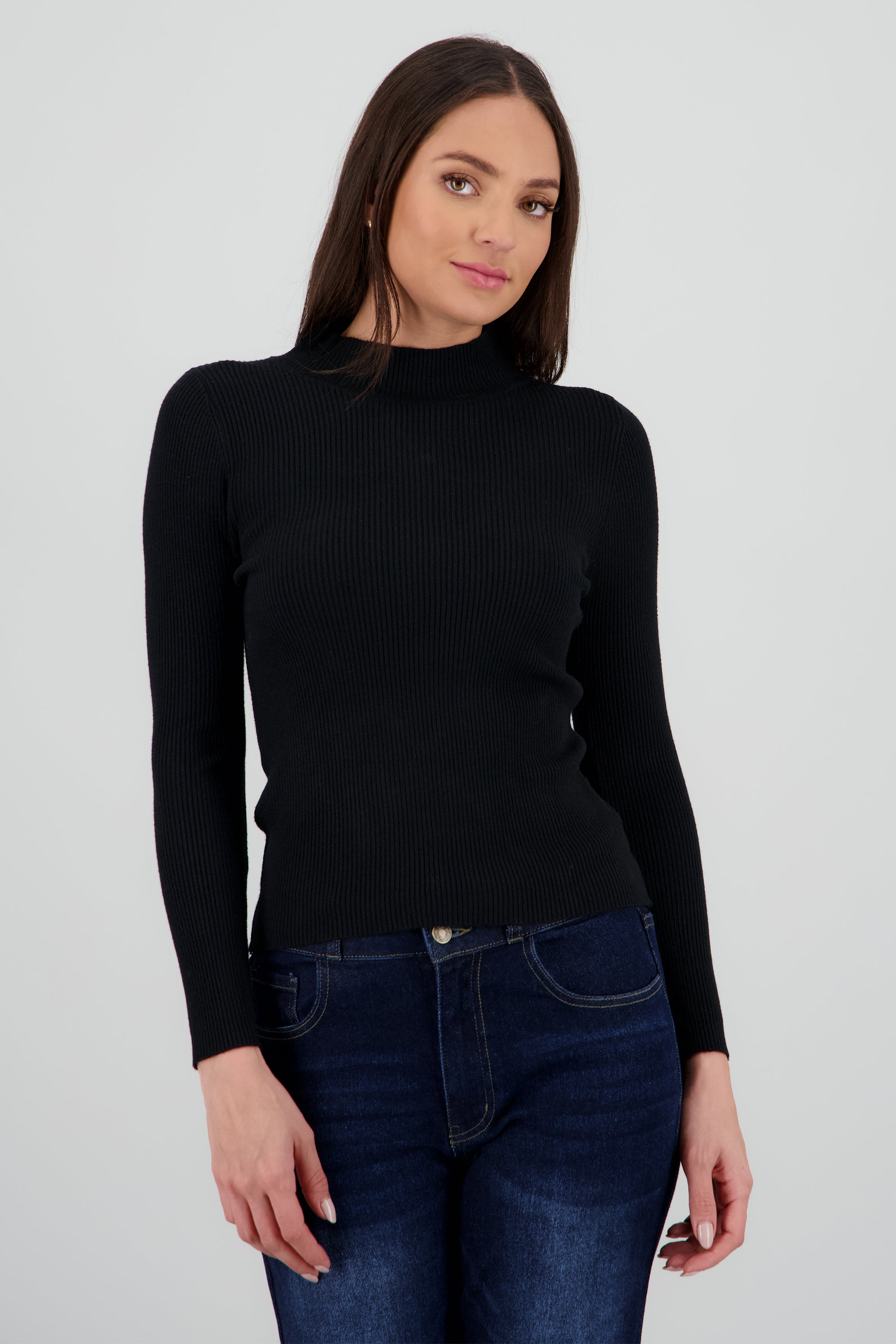 Top rib cuello alto manga larga NEGRO