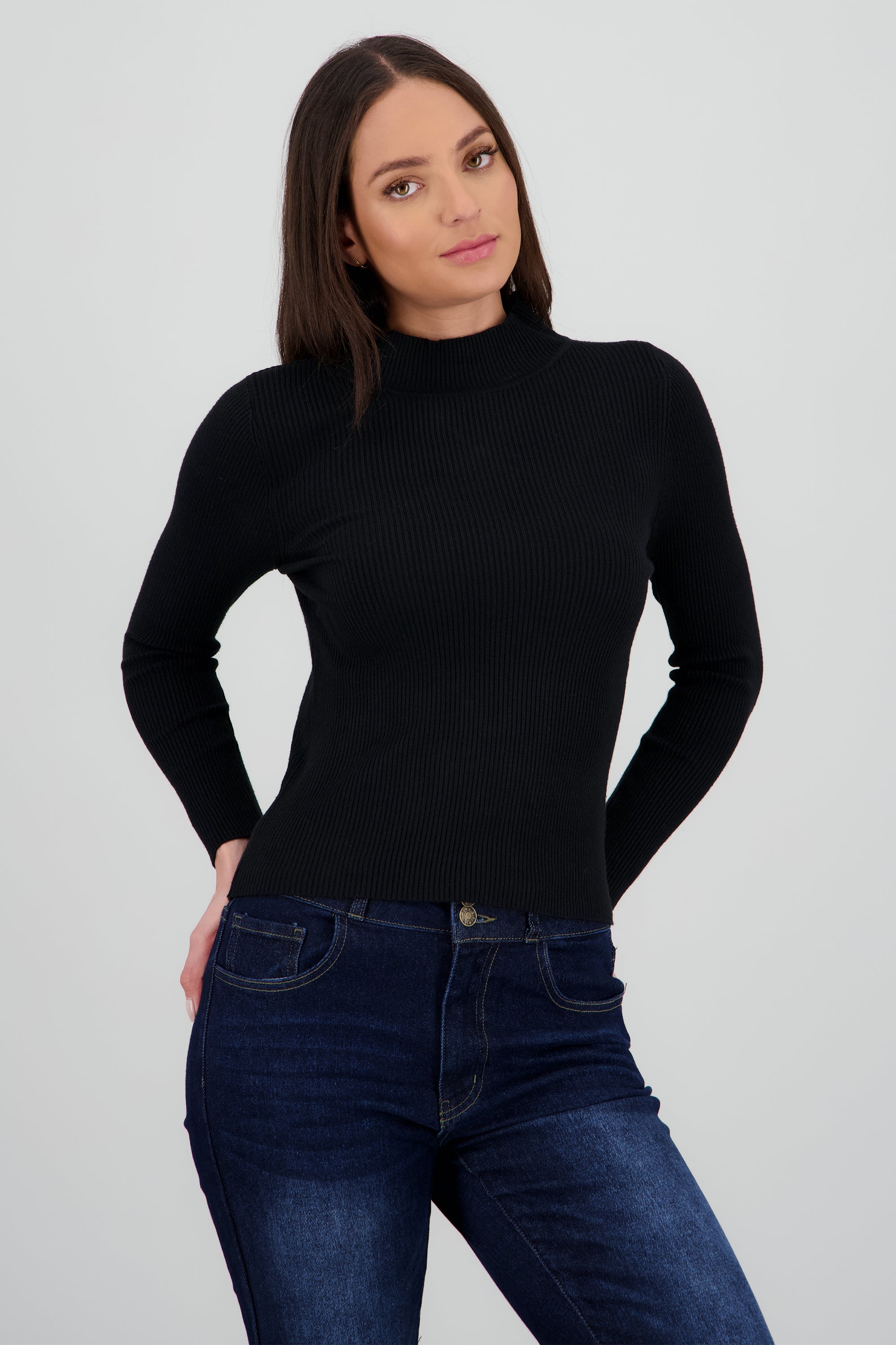 Top rib cuello alto manga larga NEGRO