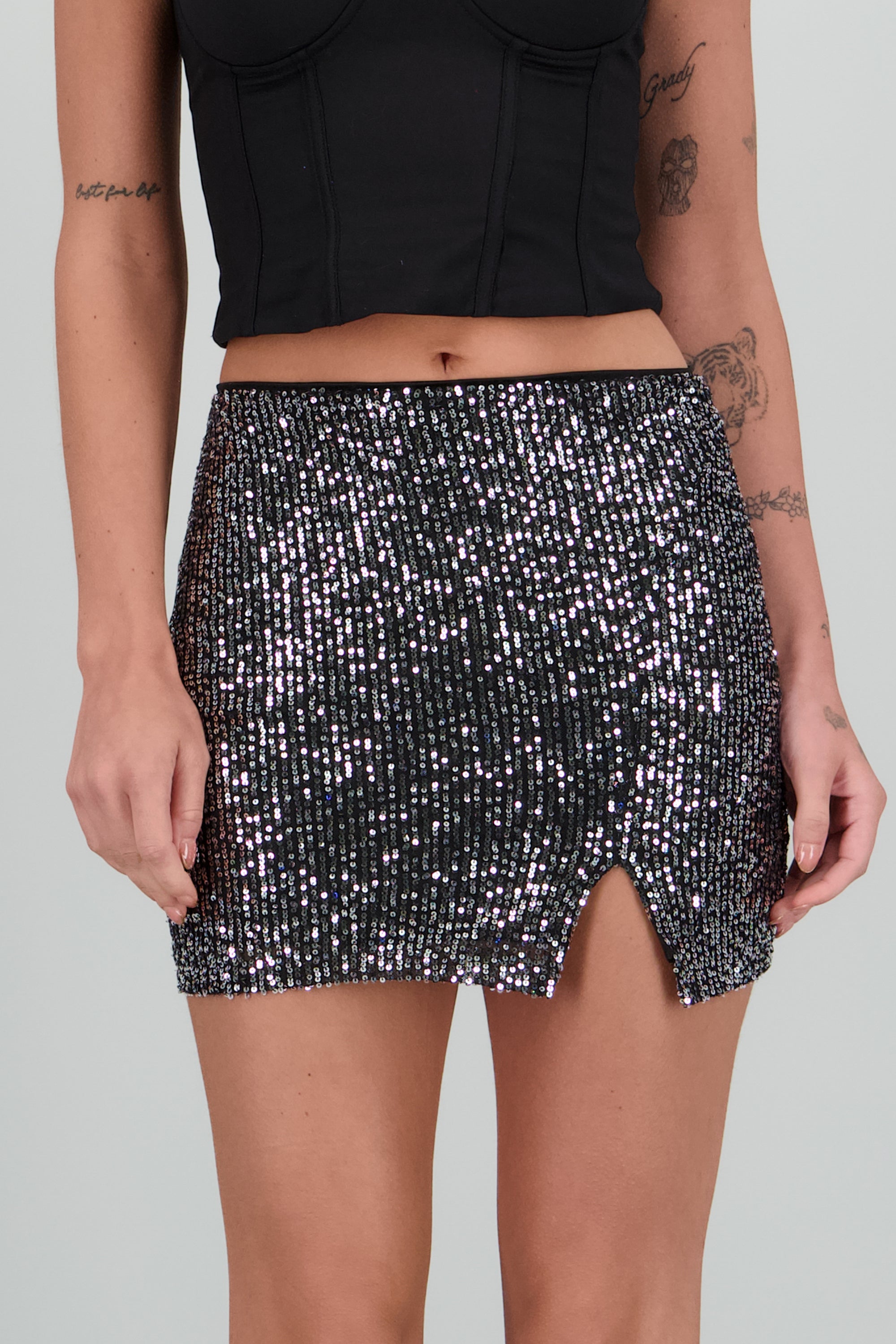 Falda mini abertura lentejuela PLATA