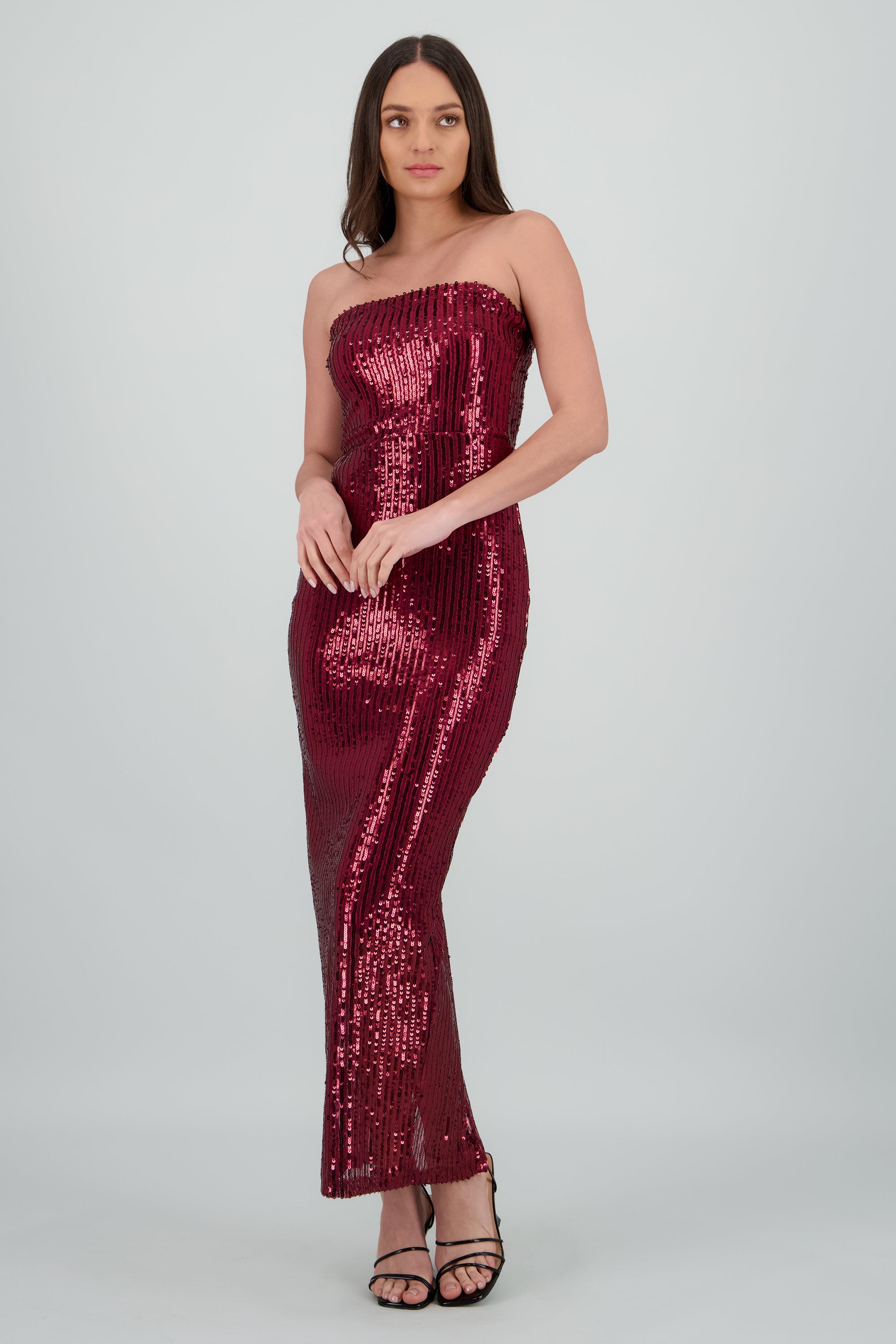 Vestido maxi strapples lentejuelas VINO