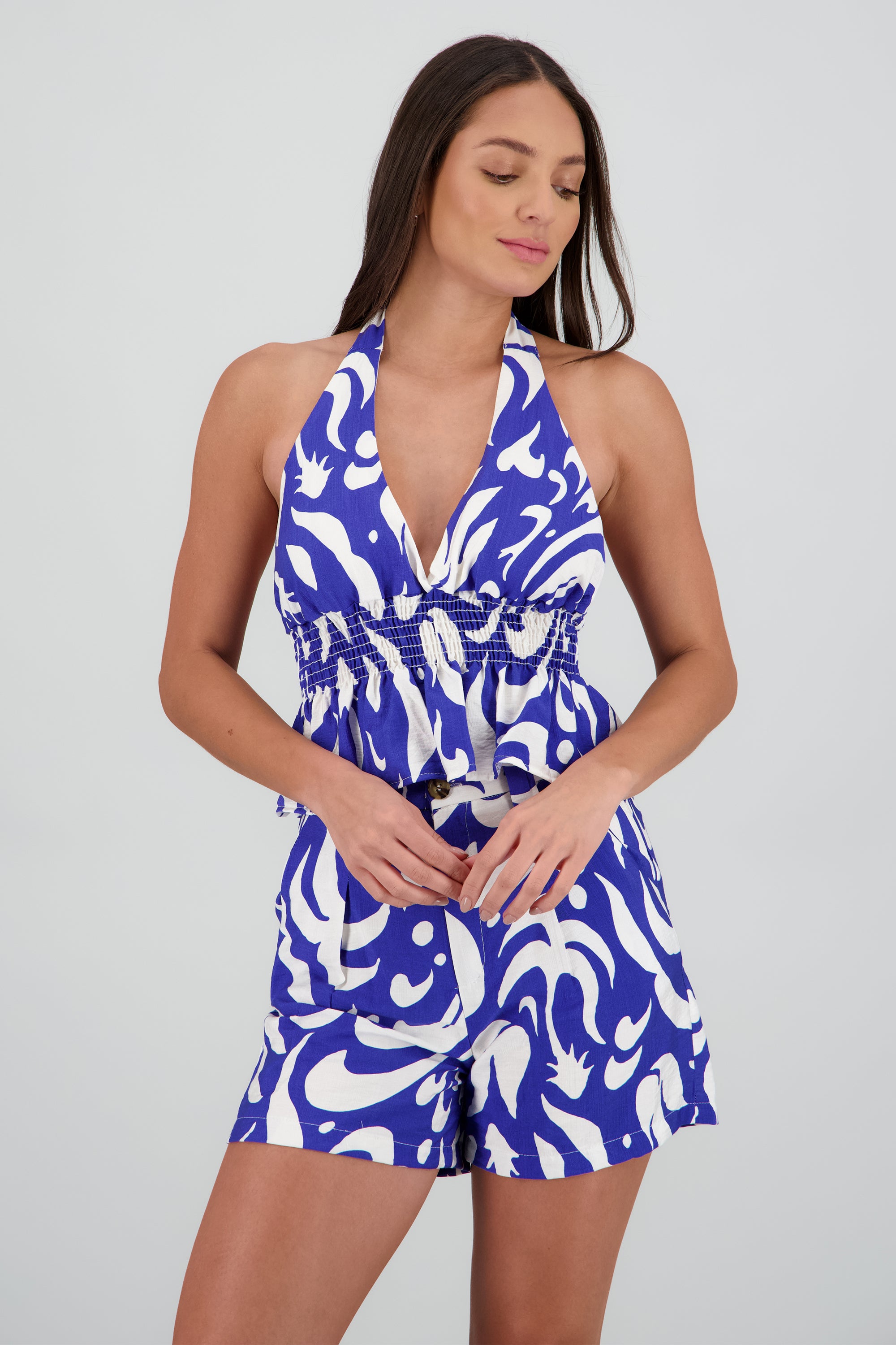 Top halter estampado detalle smock AZUL COMBO