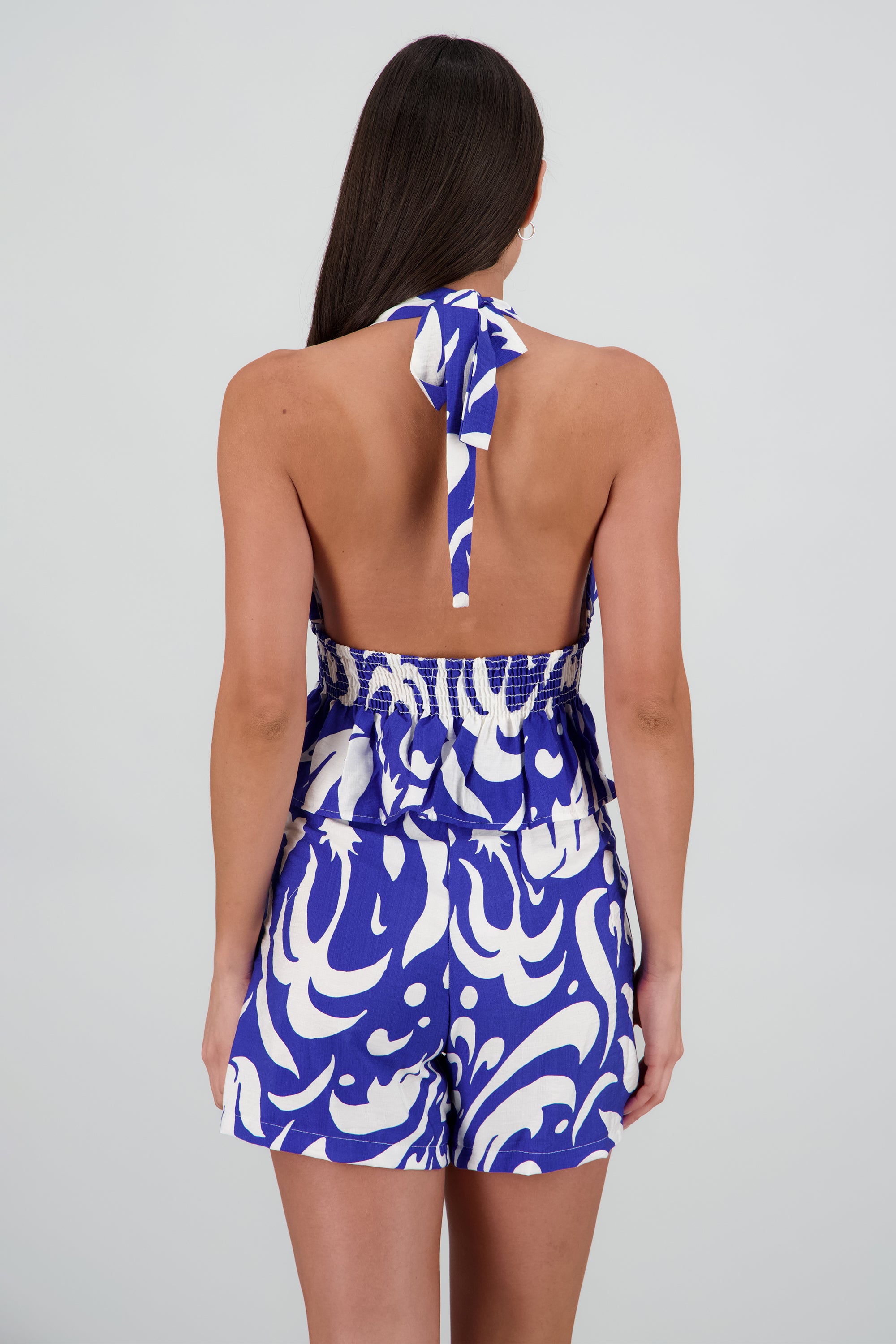 Top halter estampado detalle smock AZUL COMBO