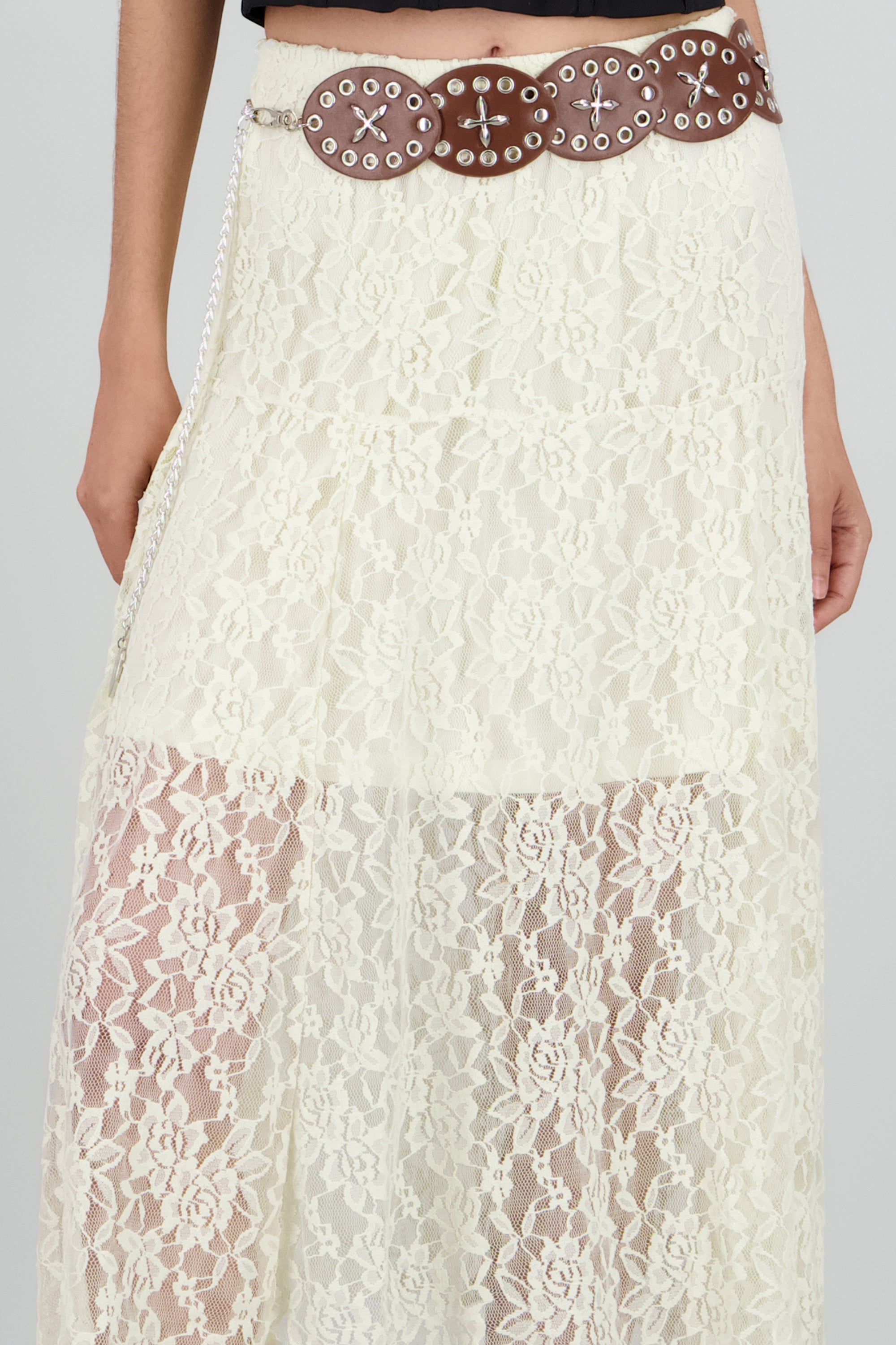 Falda encaje con cinturon boho HUESO