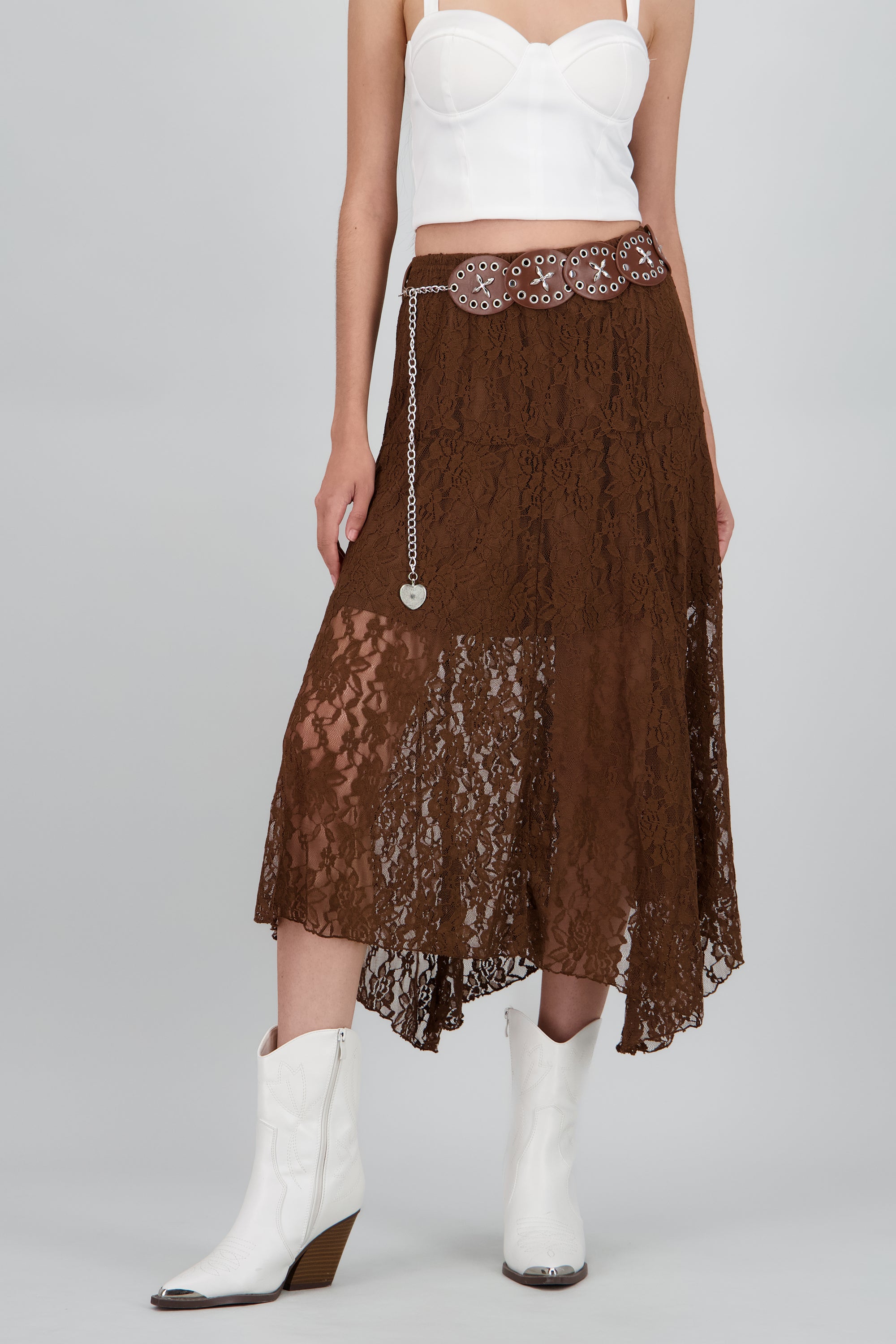 Falda encaje con cinturon boho CAFE