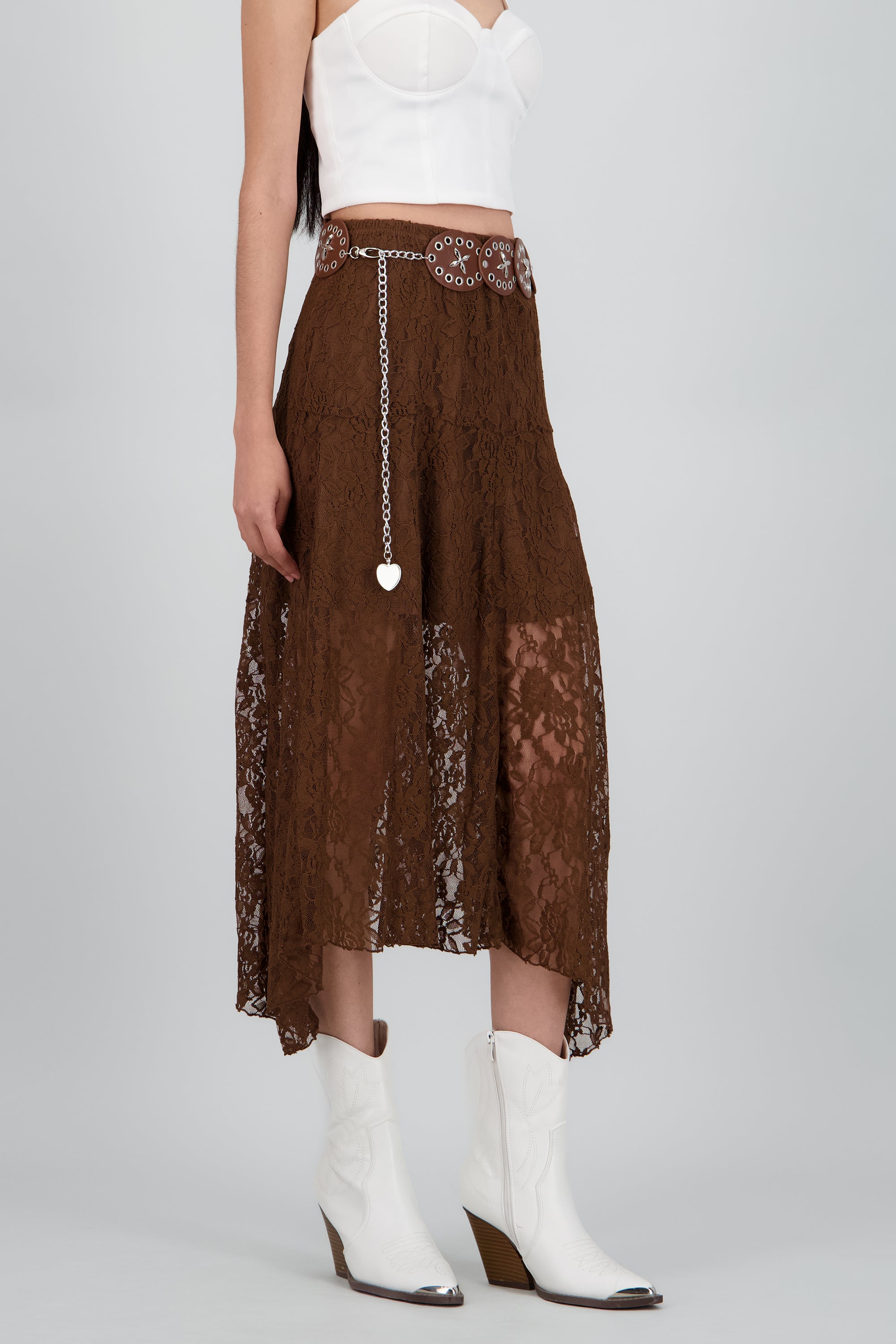 Falda encaje con cinturon boho CAFE