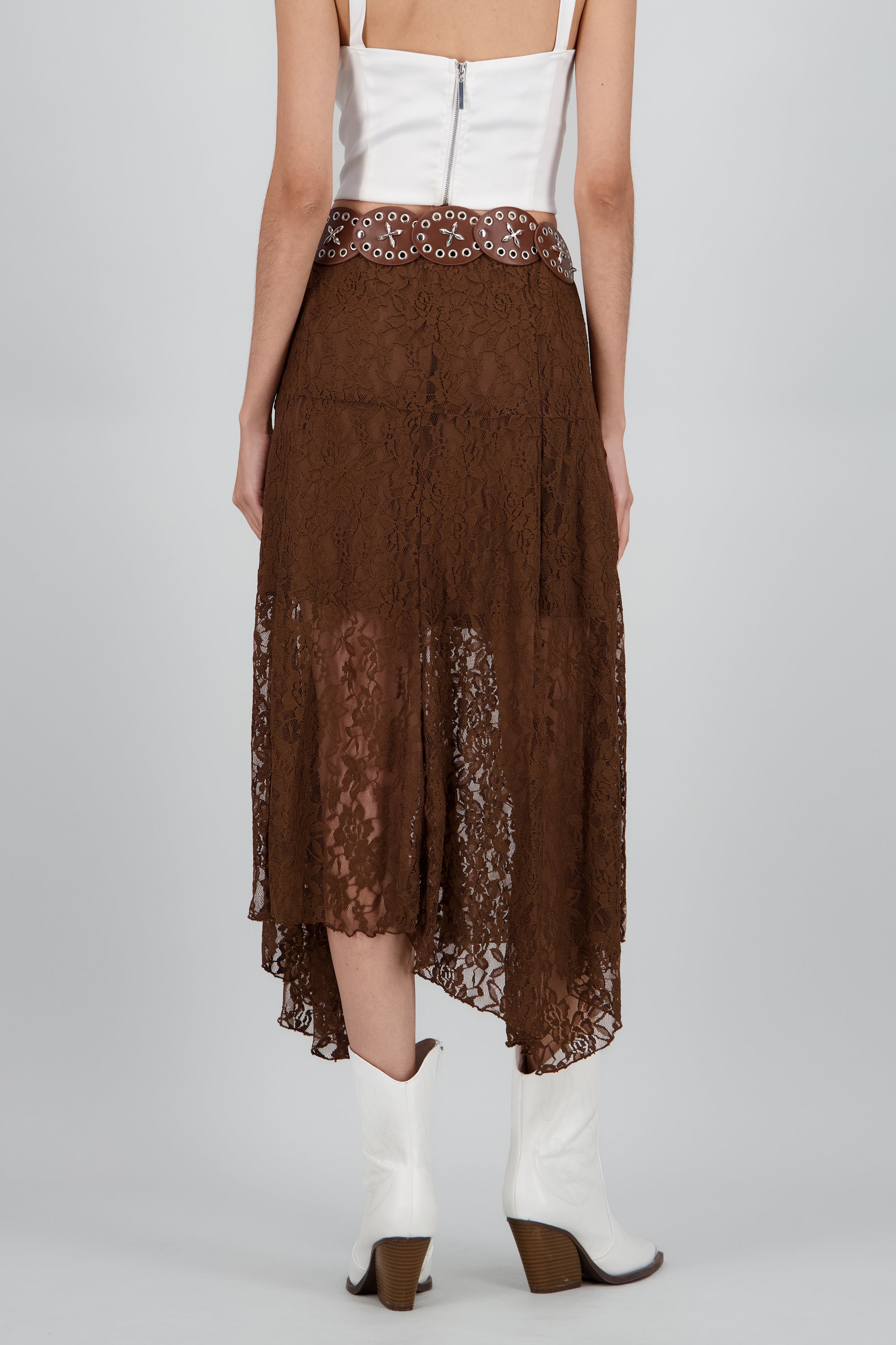 Falda encaje con cinturon boho CAFE