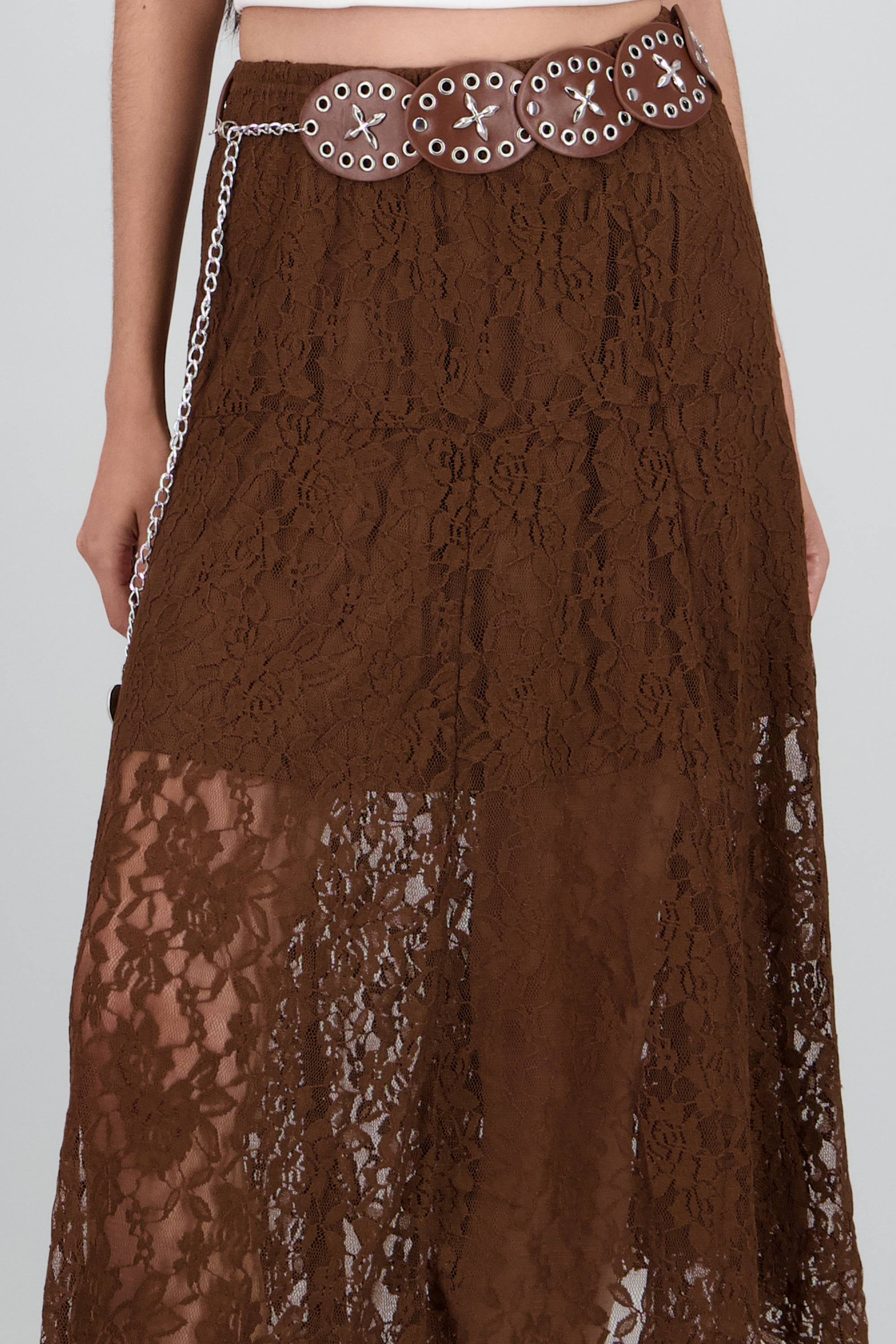 Falda encaje con cinturon boho CAFE