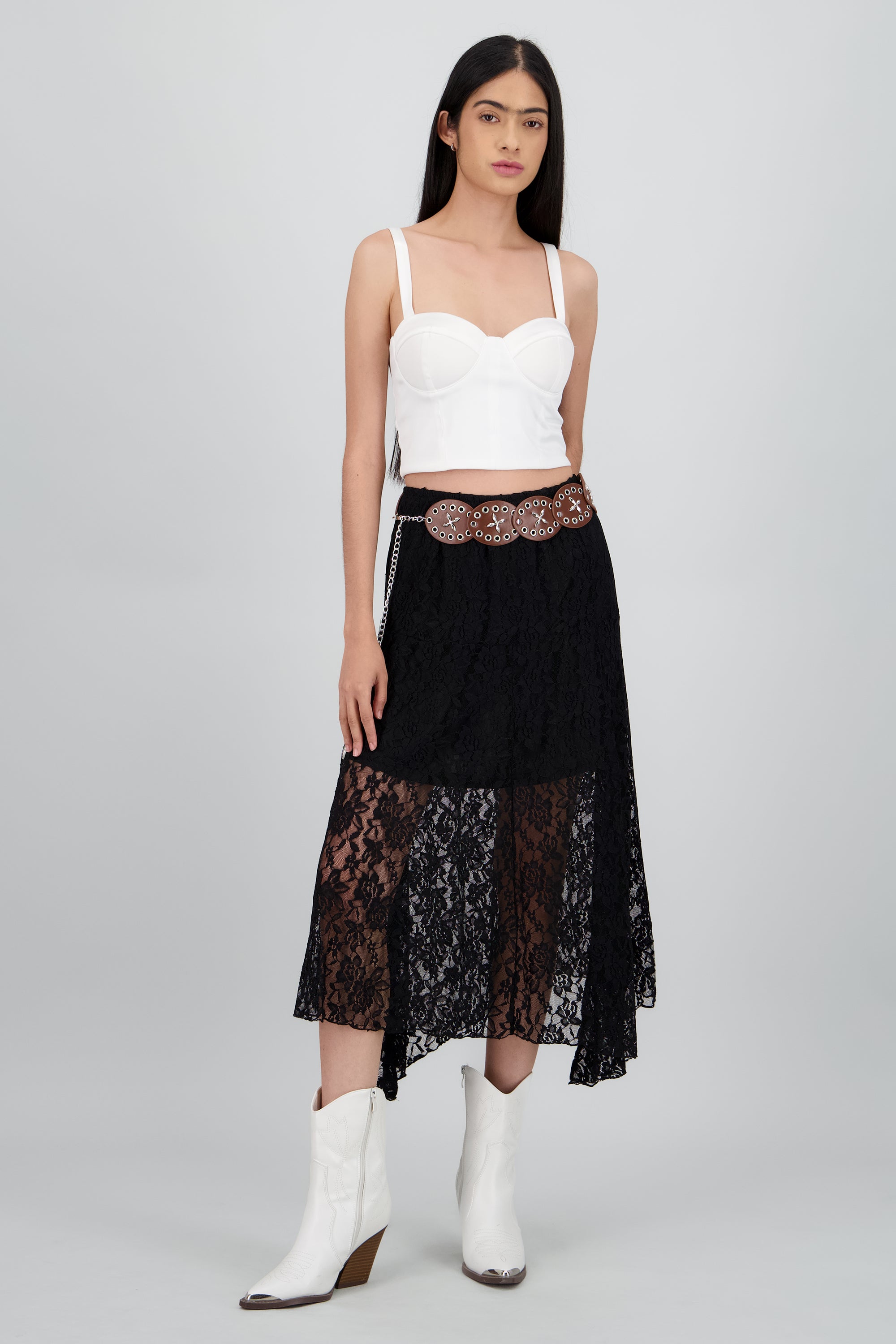 Falda encaje con cinturon boho NEGRO