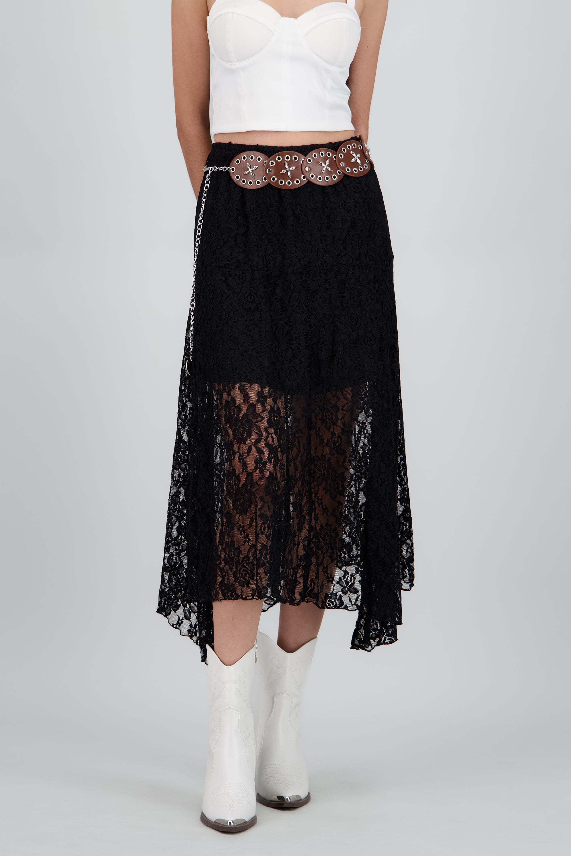 Falda encaje con cinturon boho NEGRO