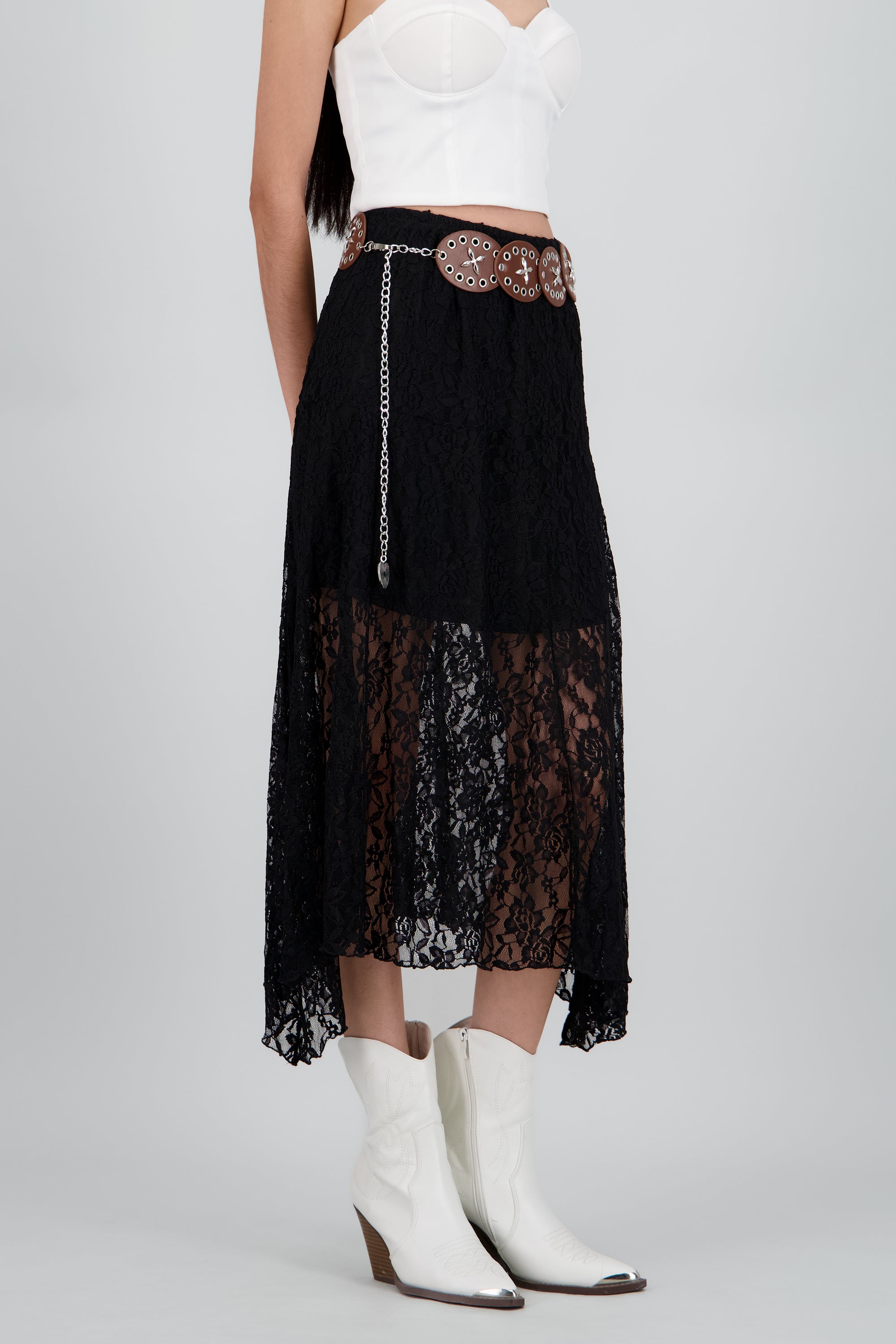 Falda encaje con cinturon boho NEGRO