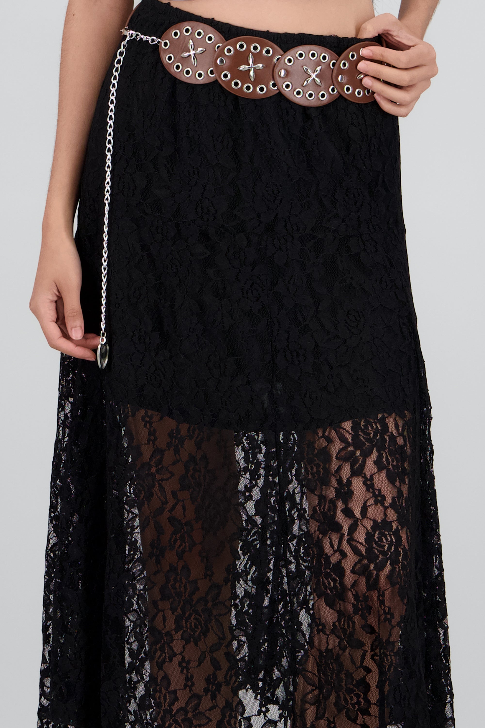 Falda encaje con cinturon boho NEGRO