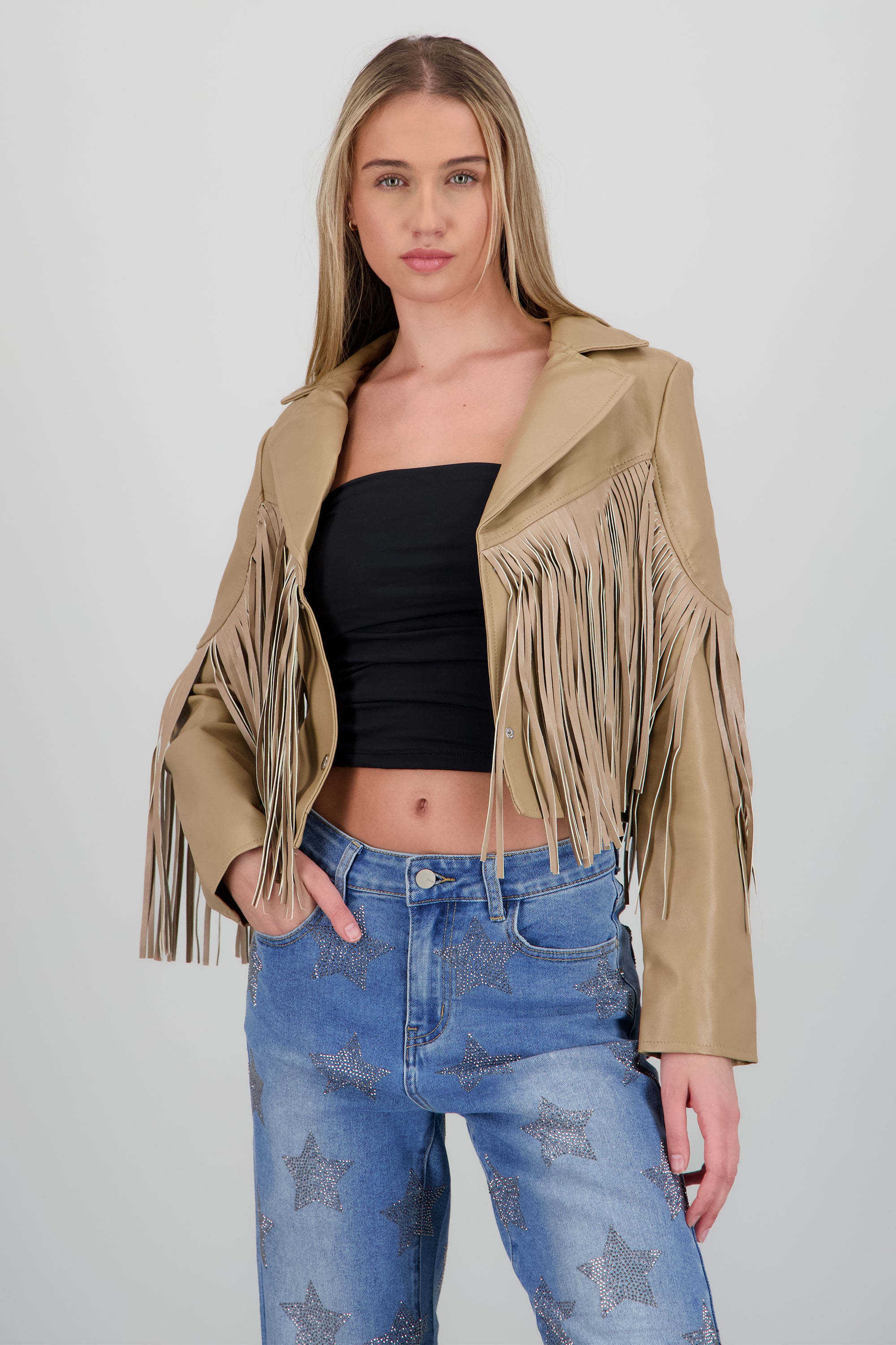 Chamarra fringe PU BEIGE