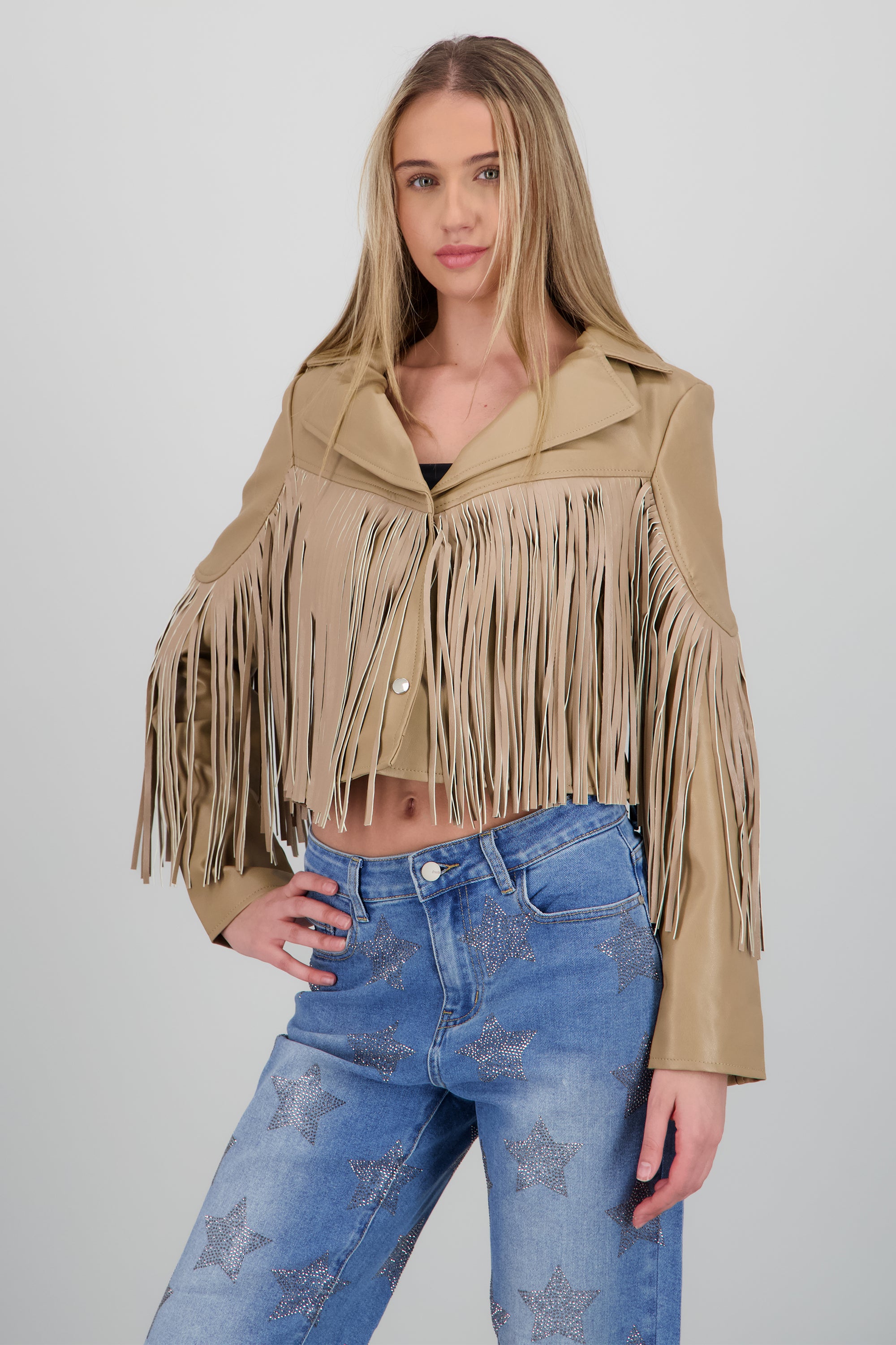 Chamarra fringe PU BEIGE