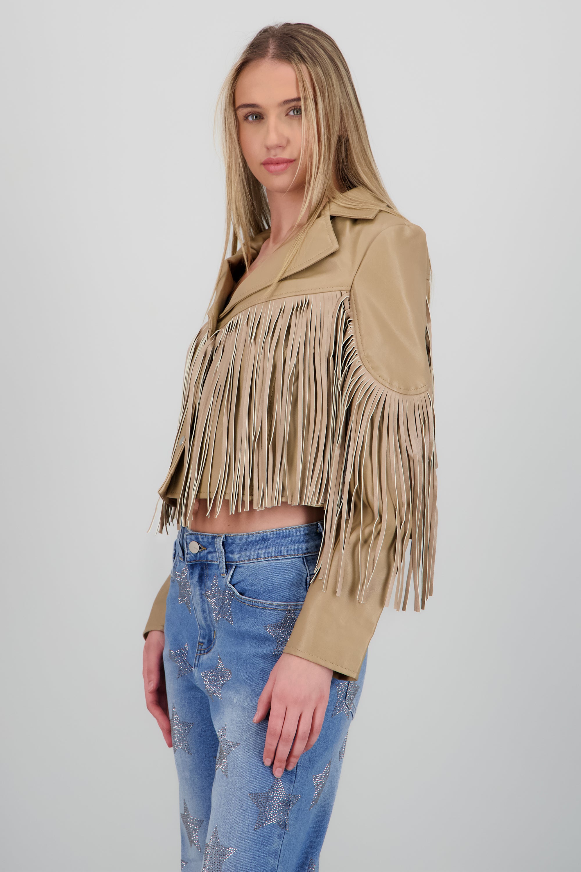 Chamarra fringe PU BEIGE