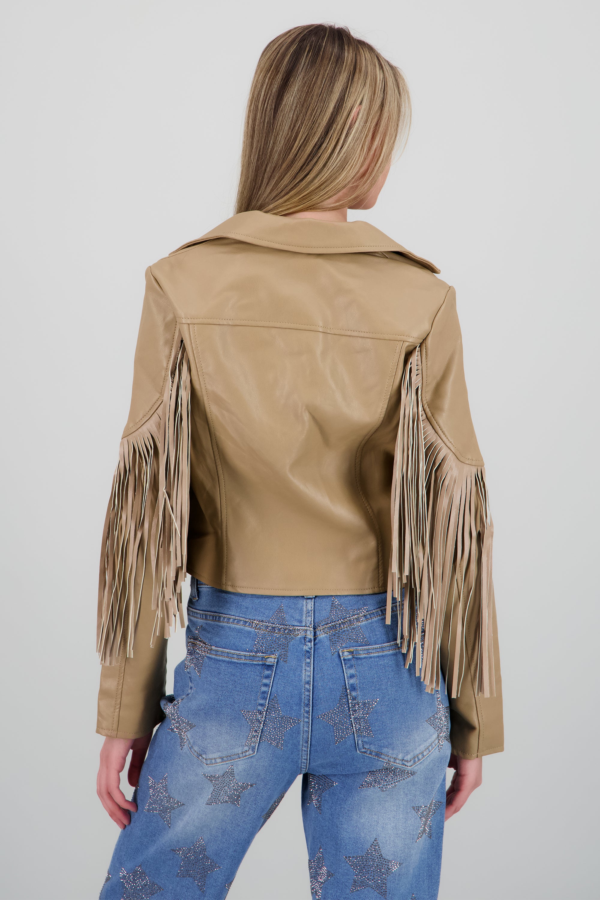 Chamarra fringe PU BEIGE