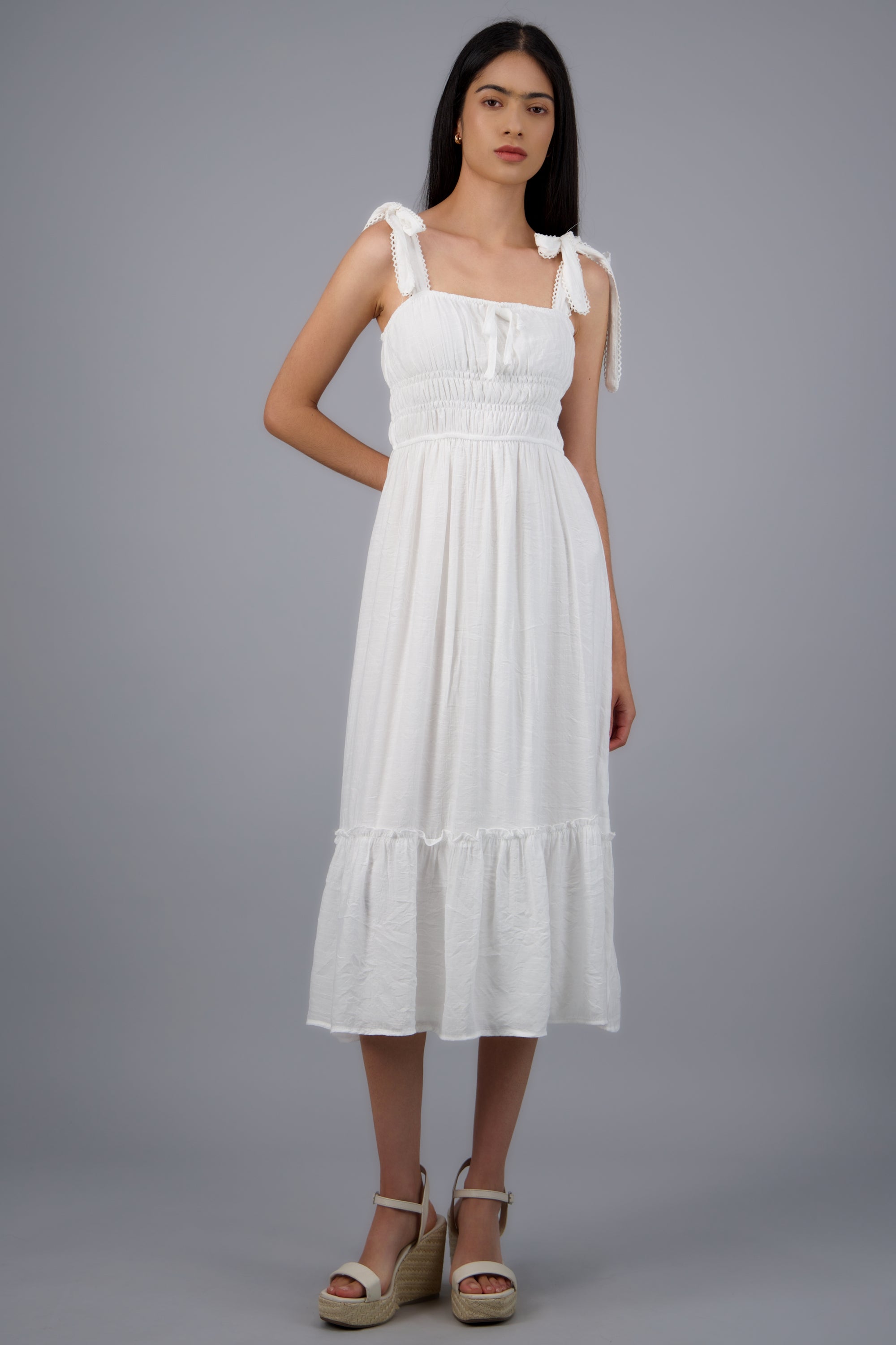 Vestido maxi liso con amarre moños BLANCO