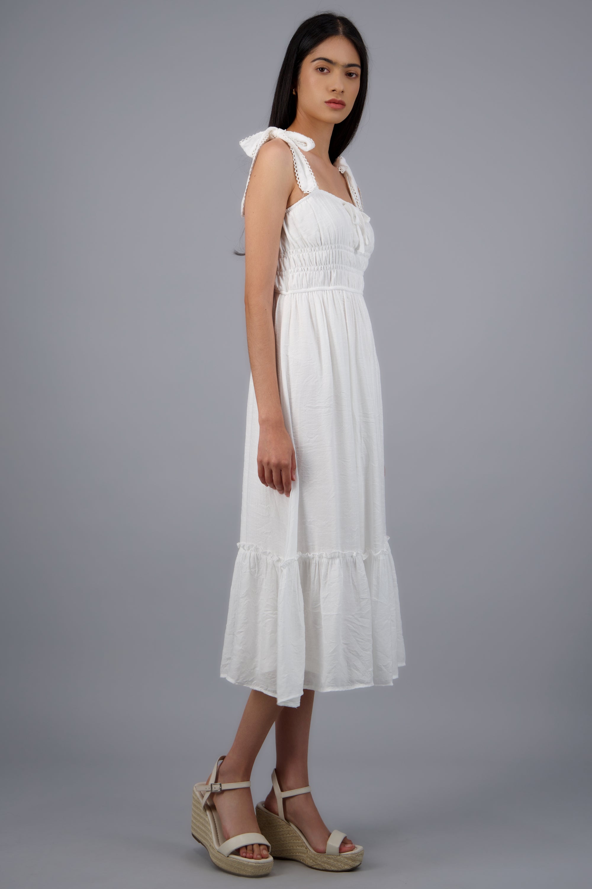Vestido maxi liso con amarre moños BLANCO