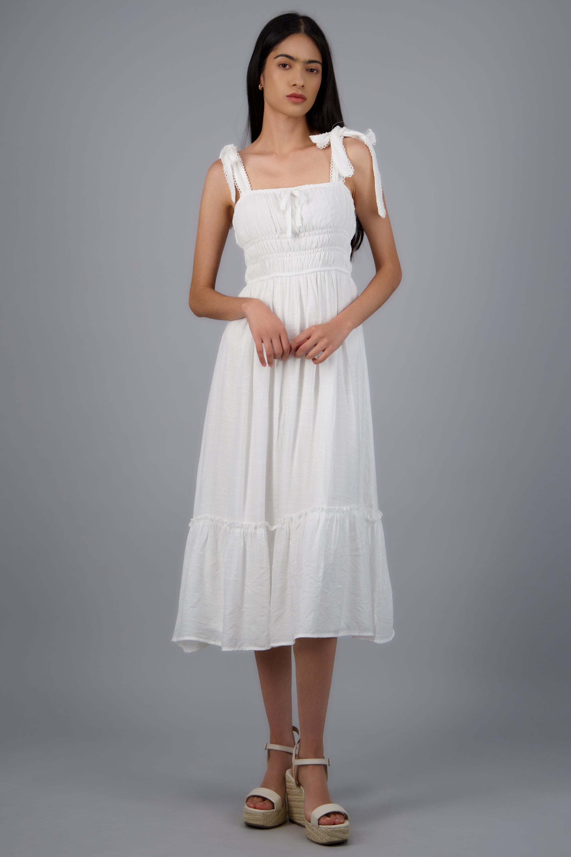 Vestido maxi liso con amarre moños BLANCO