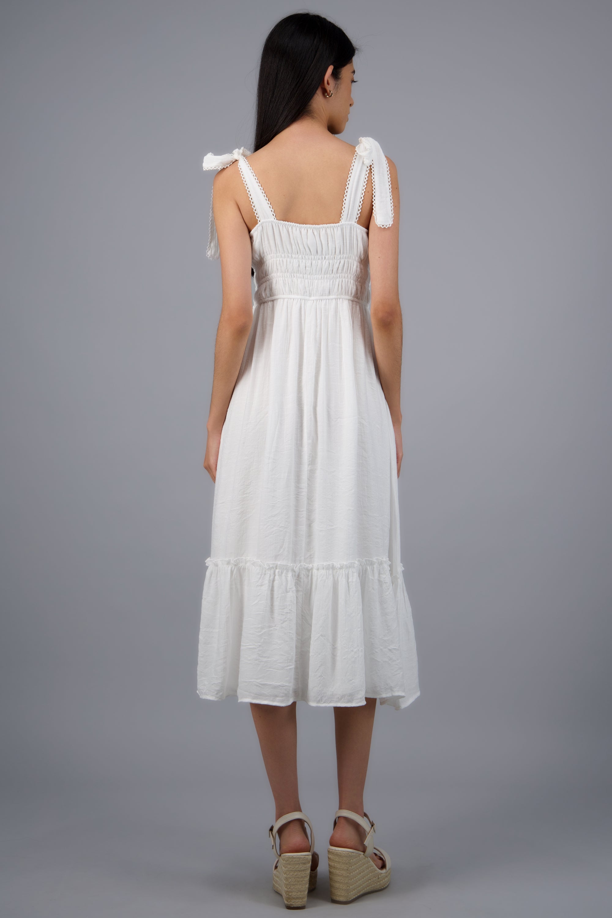 Vestido maxi liso con amarre moños BLANCO