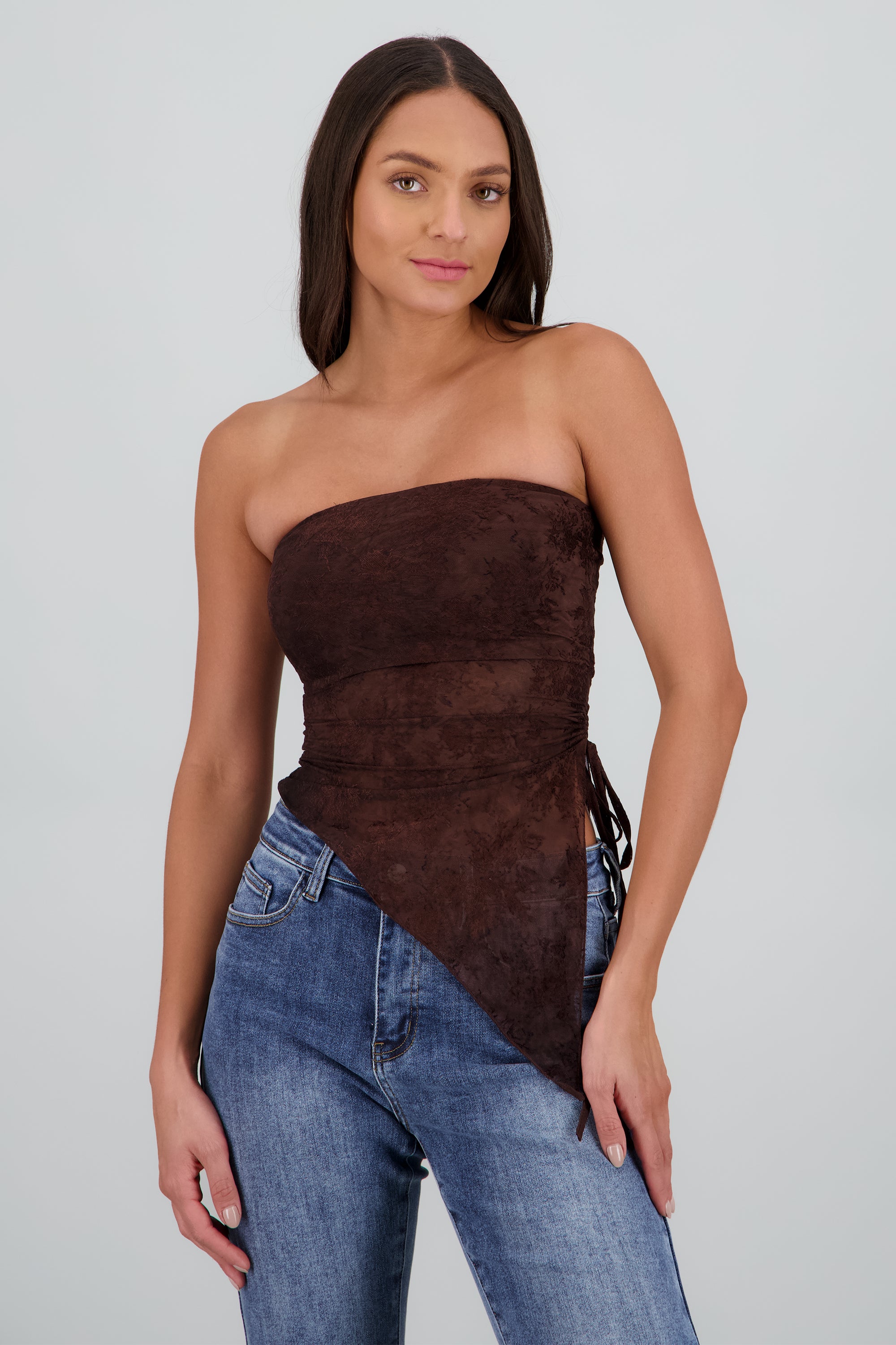 Top strapless asimétrico mesh flock CHOCOLATE