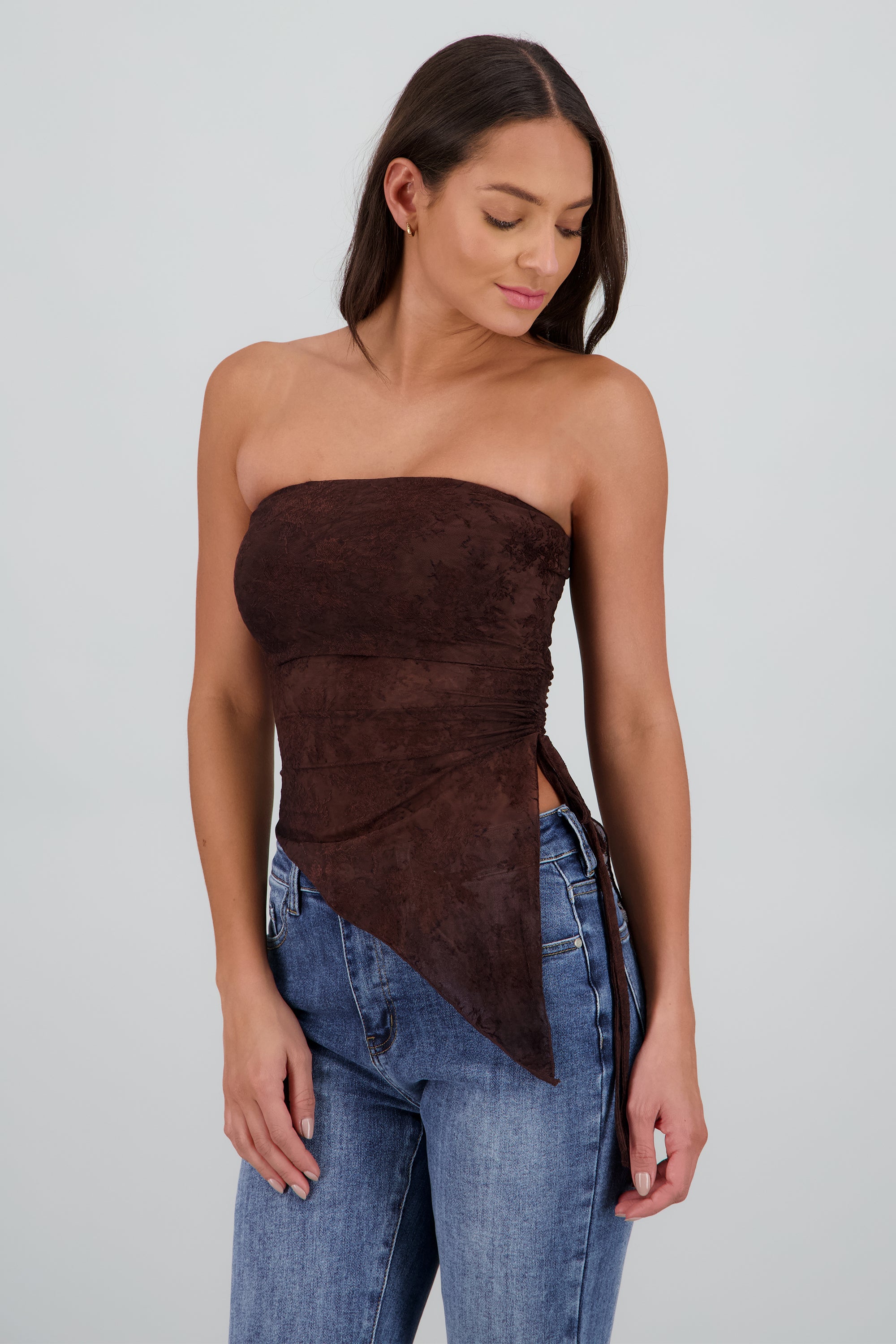 Top strapless asimétrico mesh flock CHOCOLATE