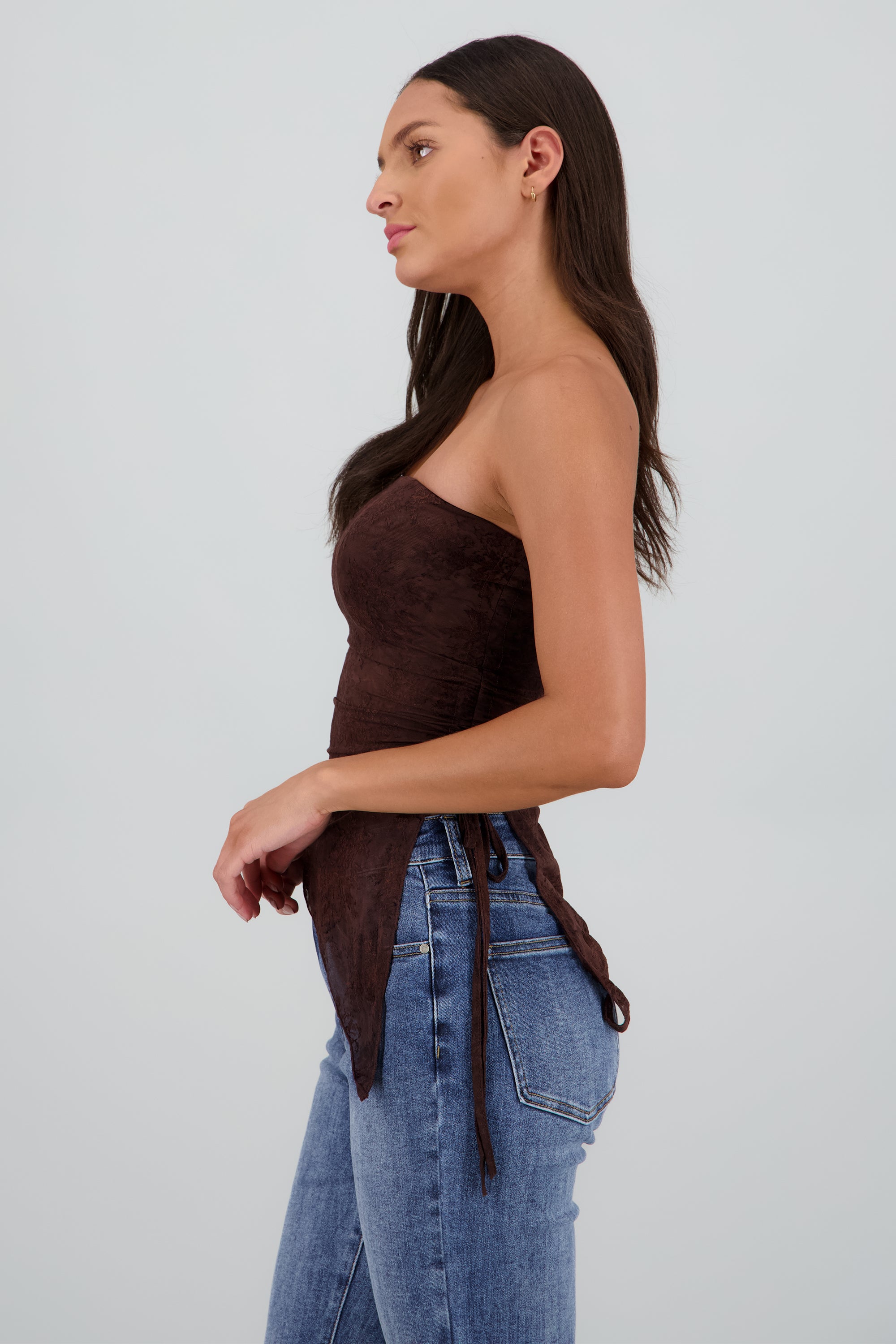 Top strapless asimétrico mesh flock CHOCOLATE