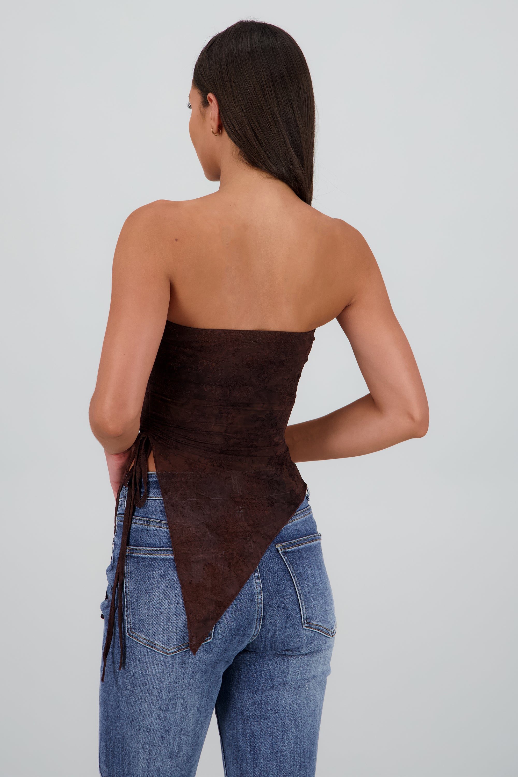 Top strapless asimétrico mesh flock CHOCOLATE
