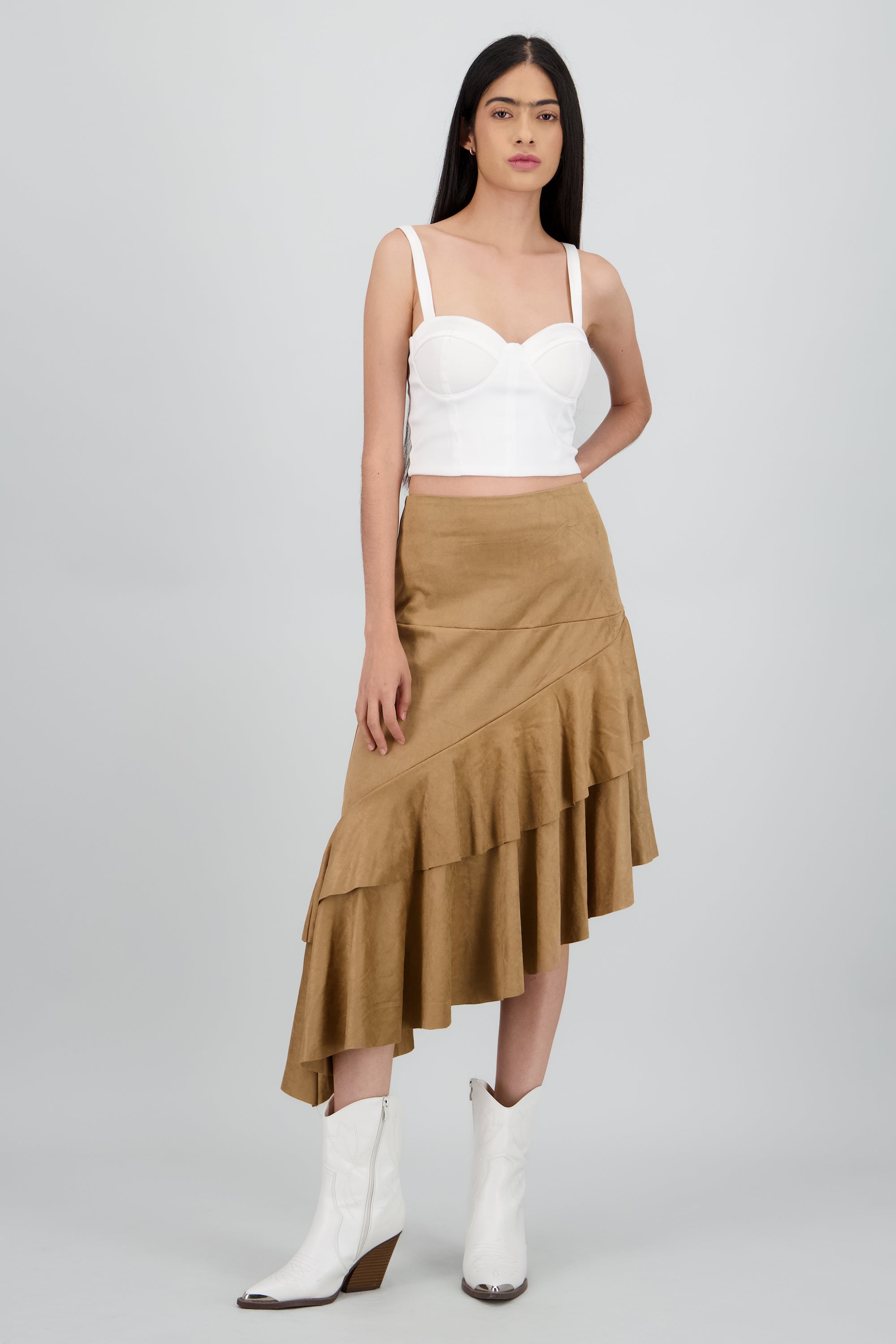 Falda midi asimétrica suede CAMELLO