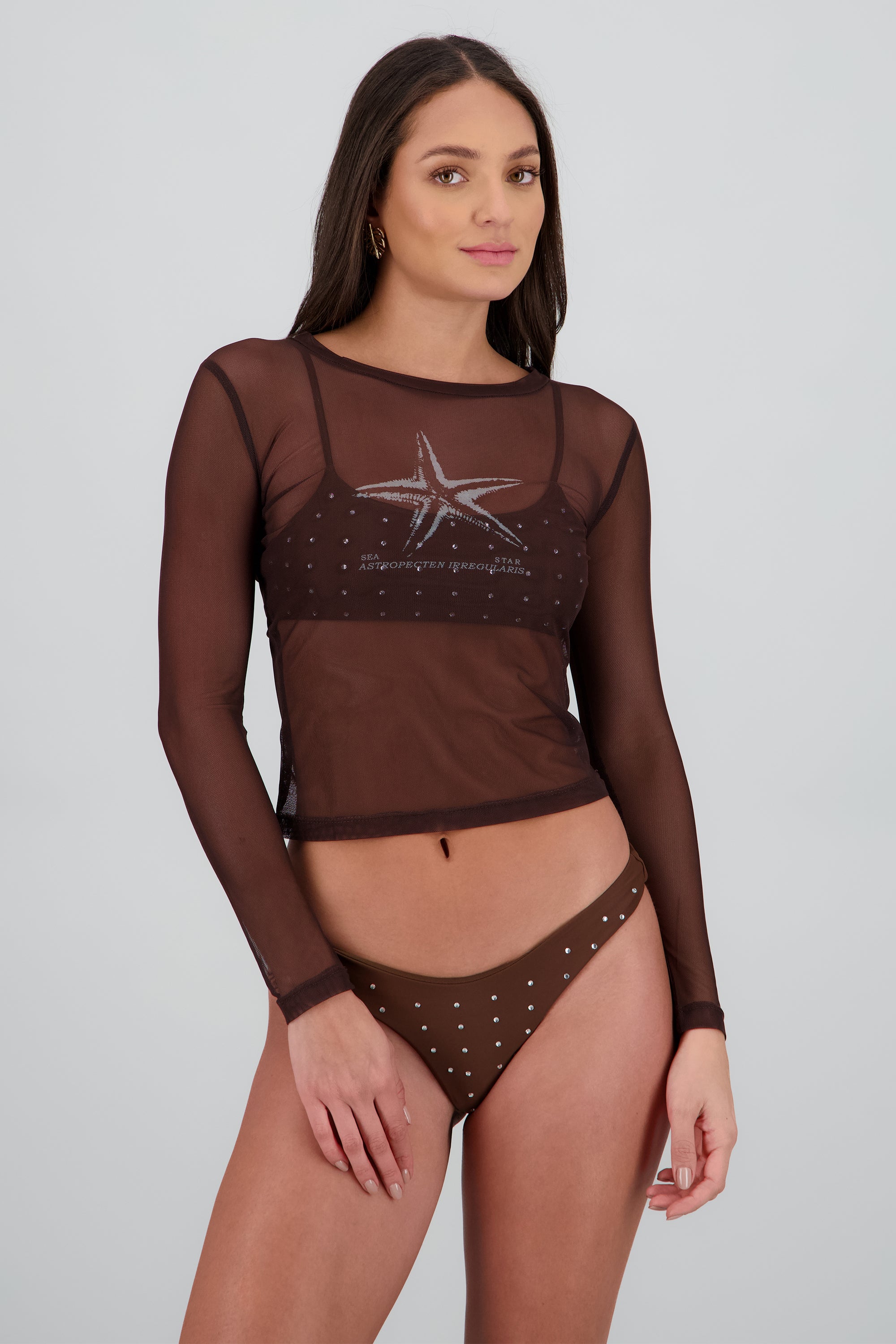 Top manga larga mesh estampado estrella CAFE