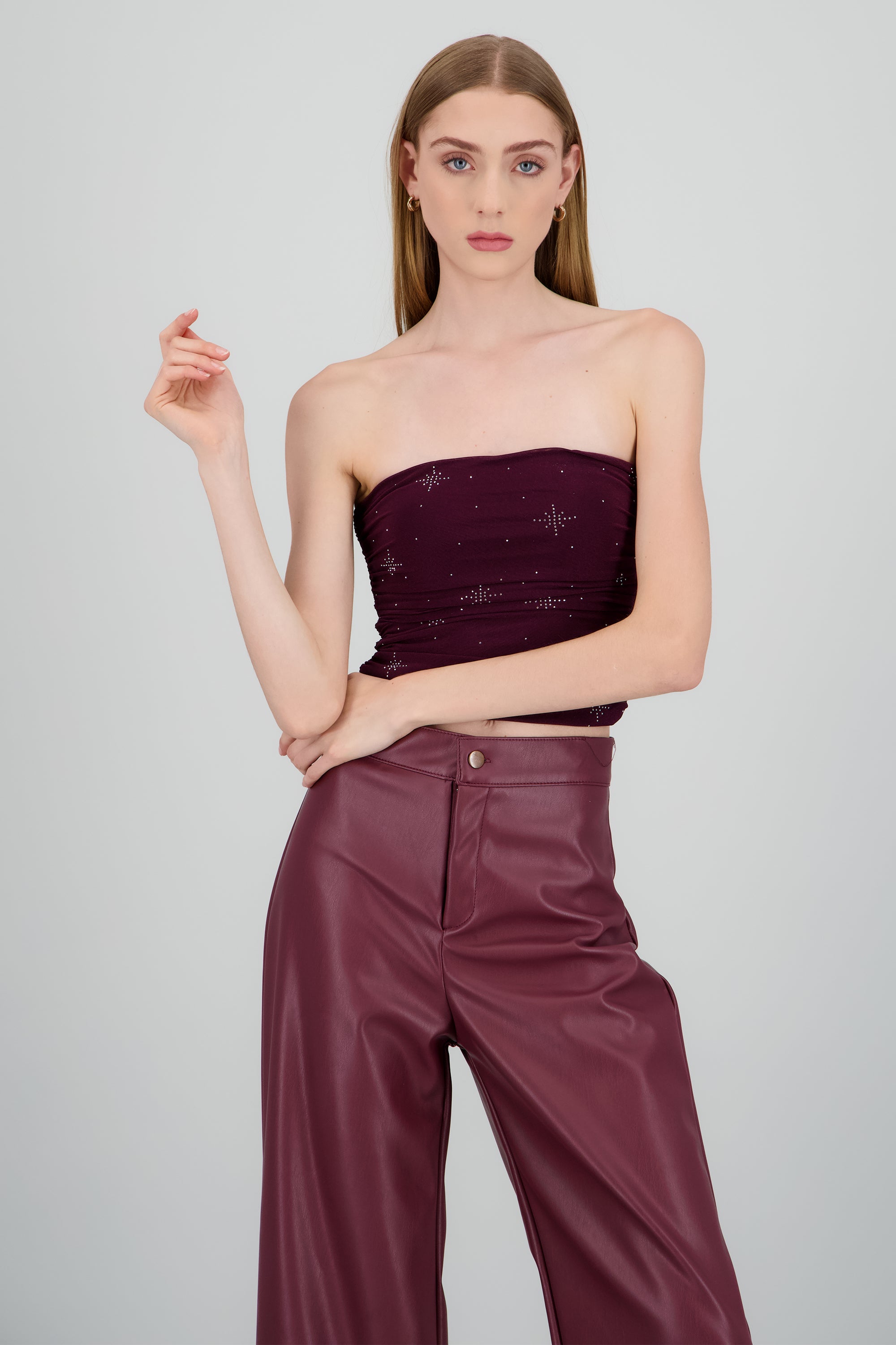 Top strapless drapeado brillo VINO