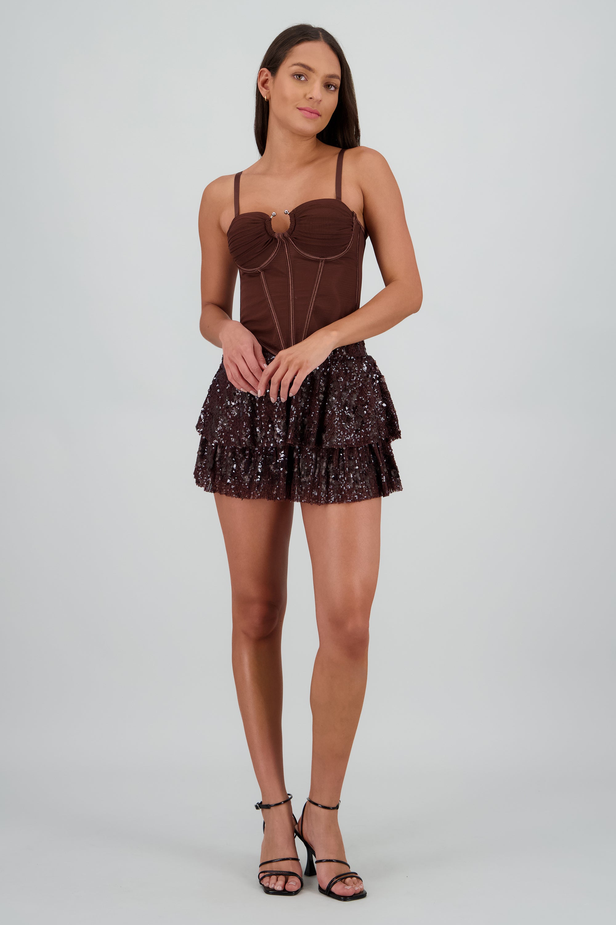 Mini falda lentejuelas doble olán CHOCOLATE