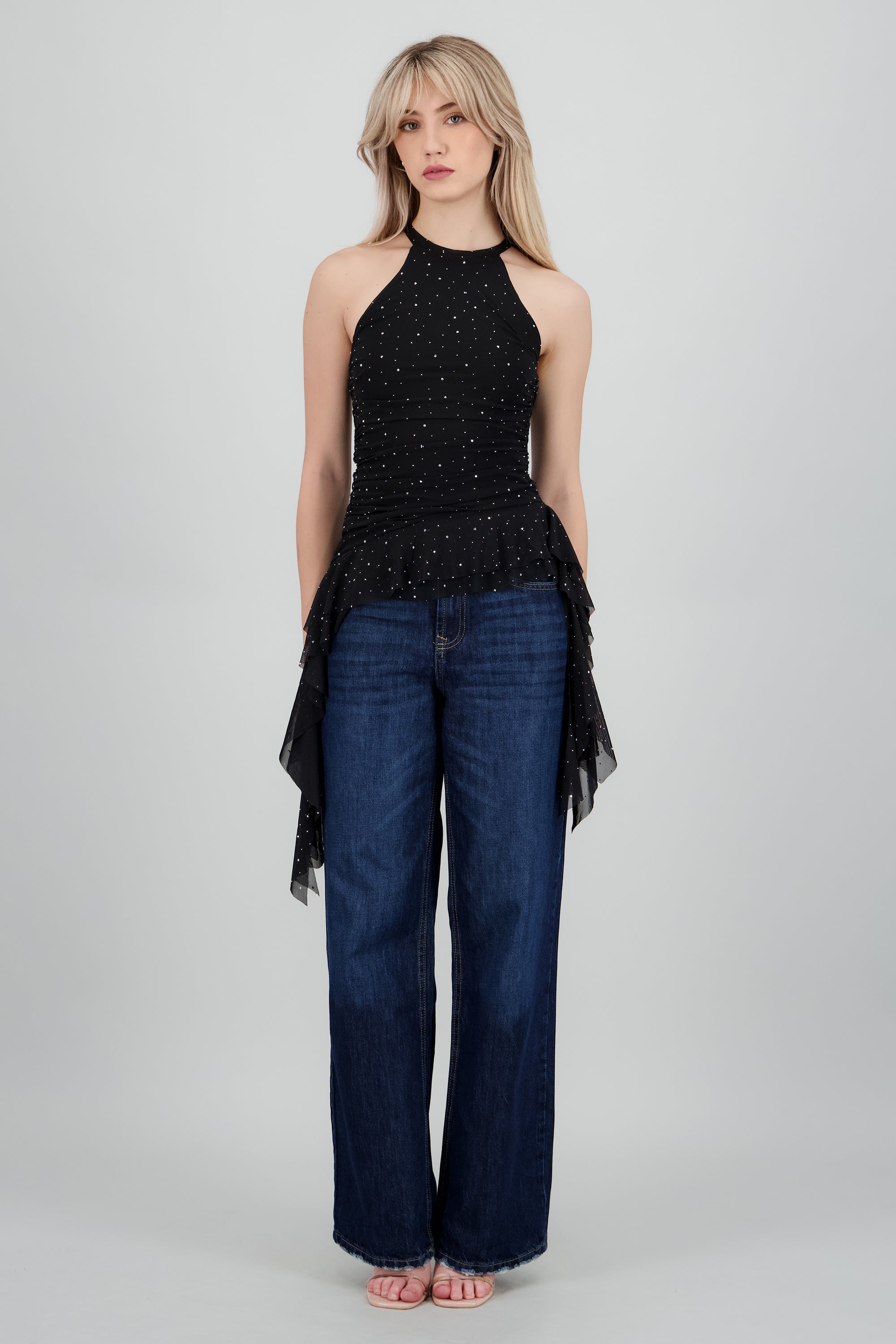 Top halter drapeado brillos NEGRO