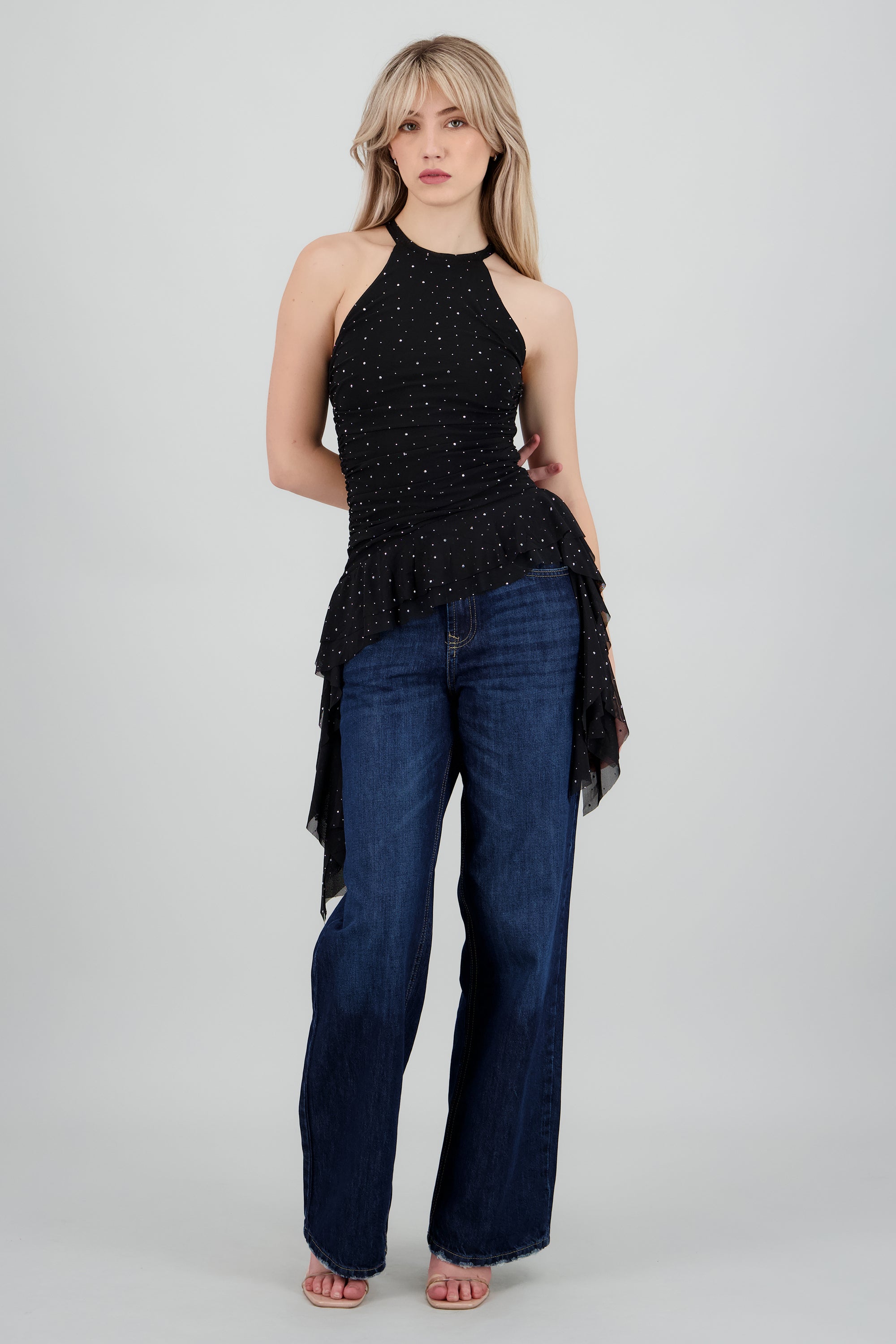 Top halter drapeado brillos NEGRO