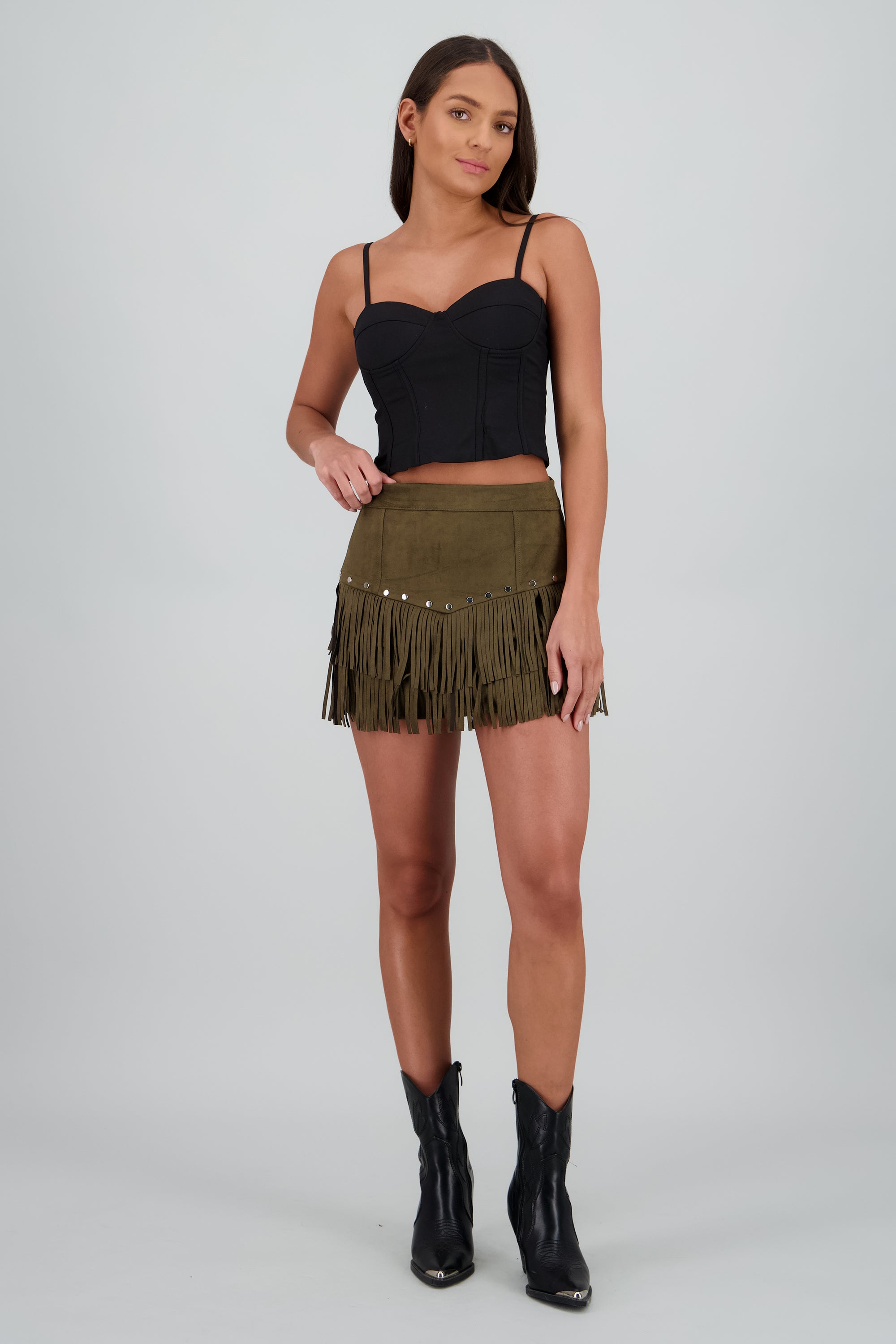 Falda mini suede detalle fringe OLIVO