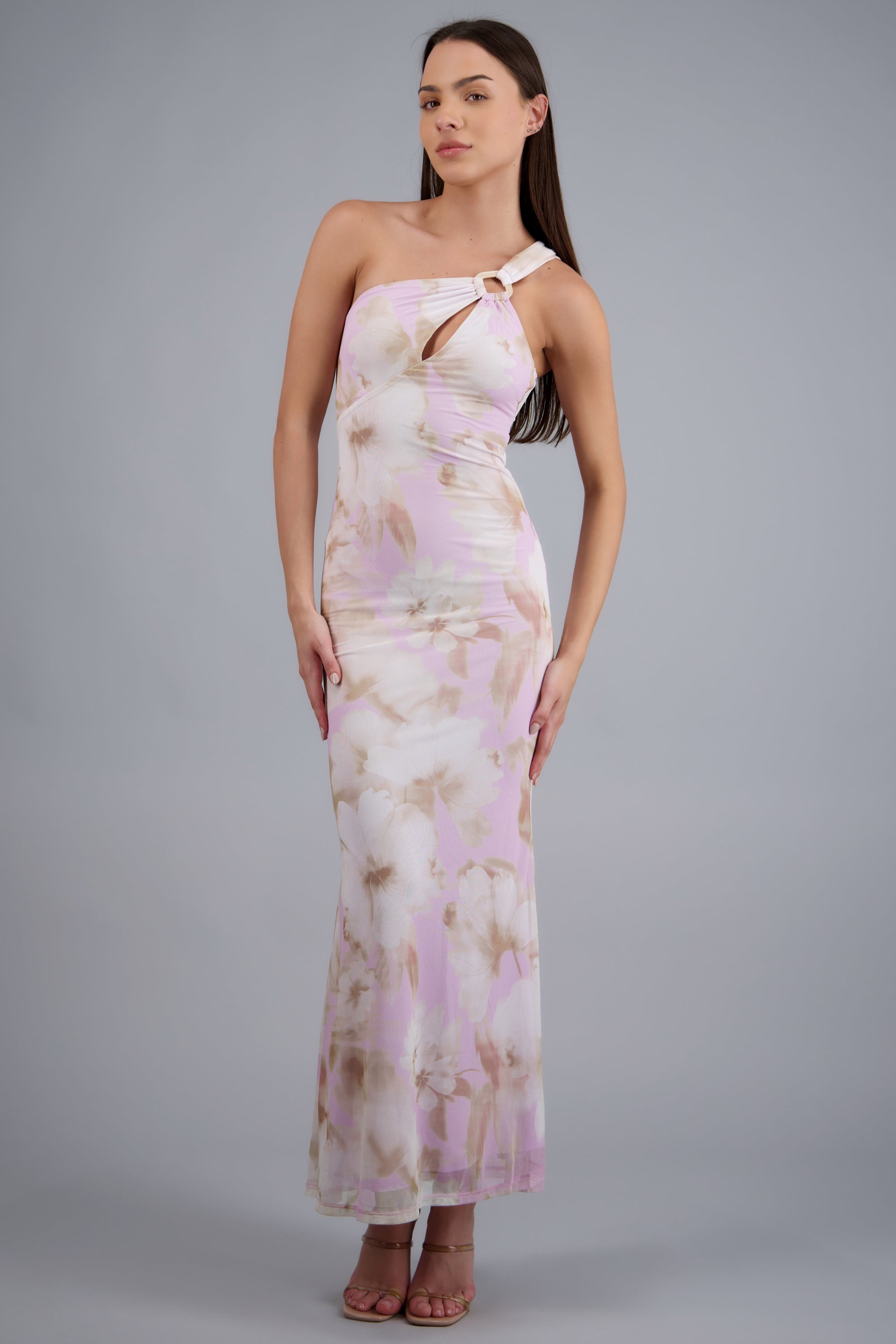 Vestido maxi un hombro detalle argolla ROSA