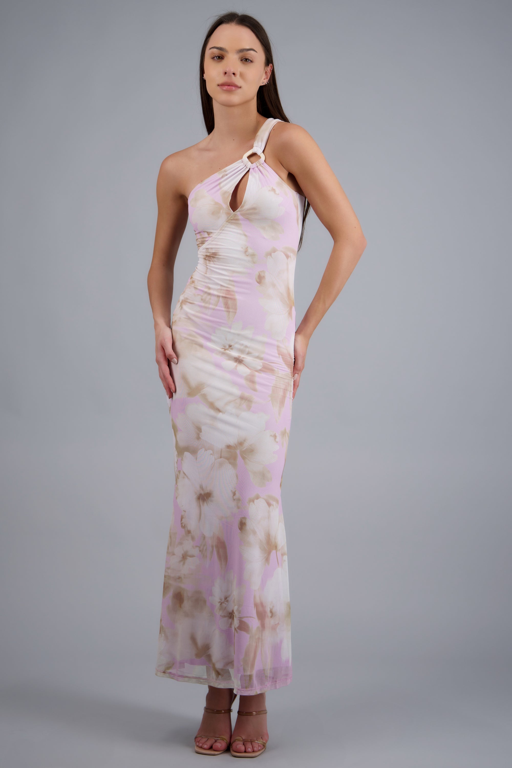 Vestido maxi un hombro detalle argolla ROSA