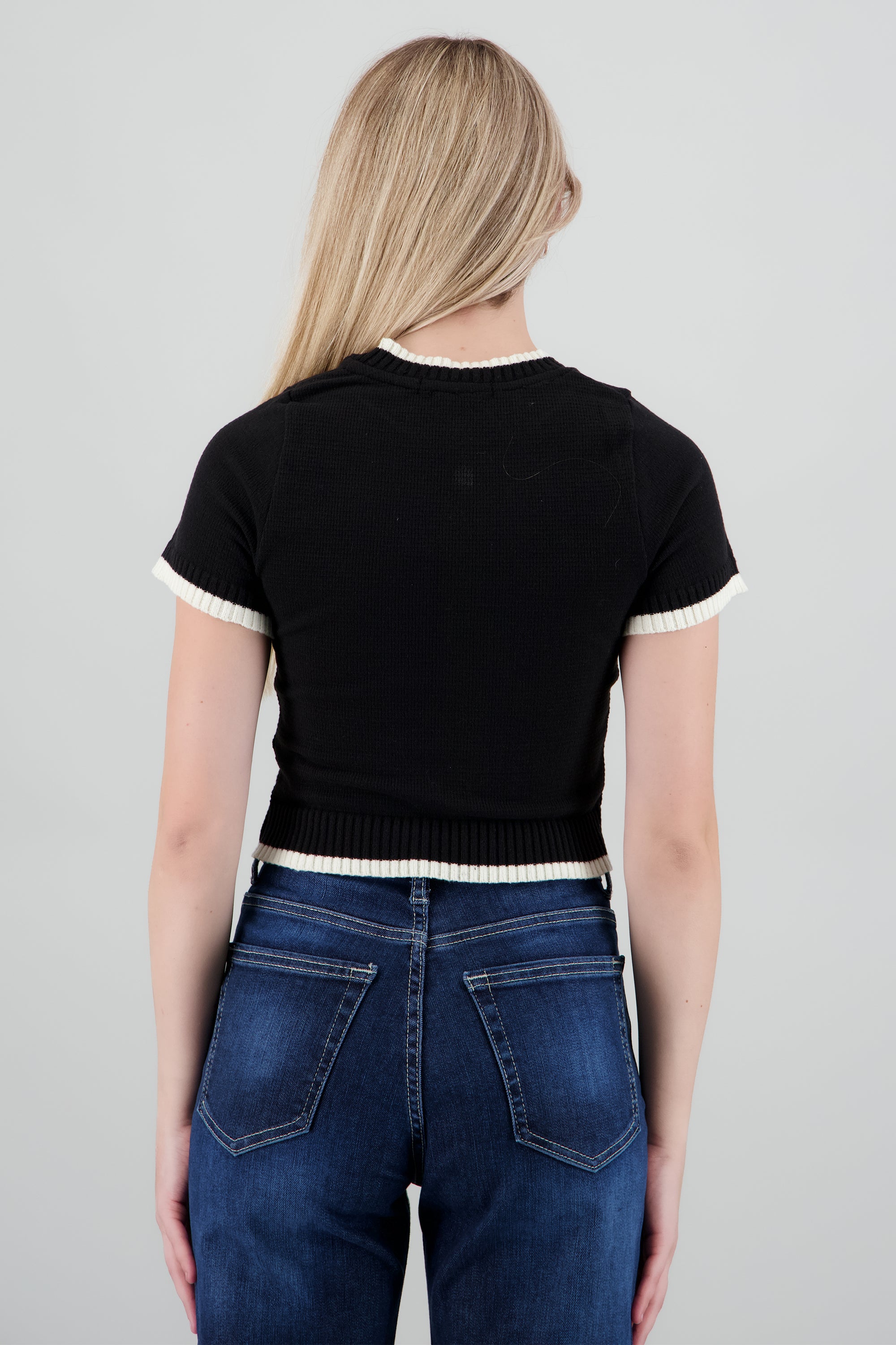 Top tejido manga corta contraste NEGRO